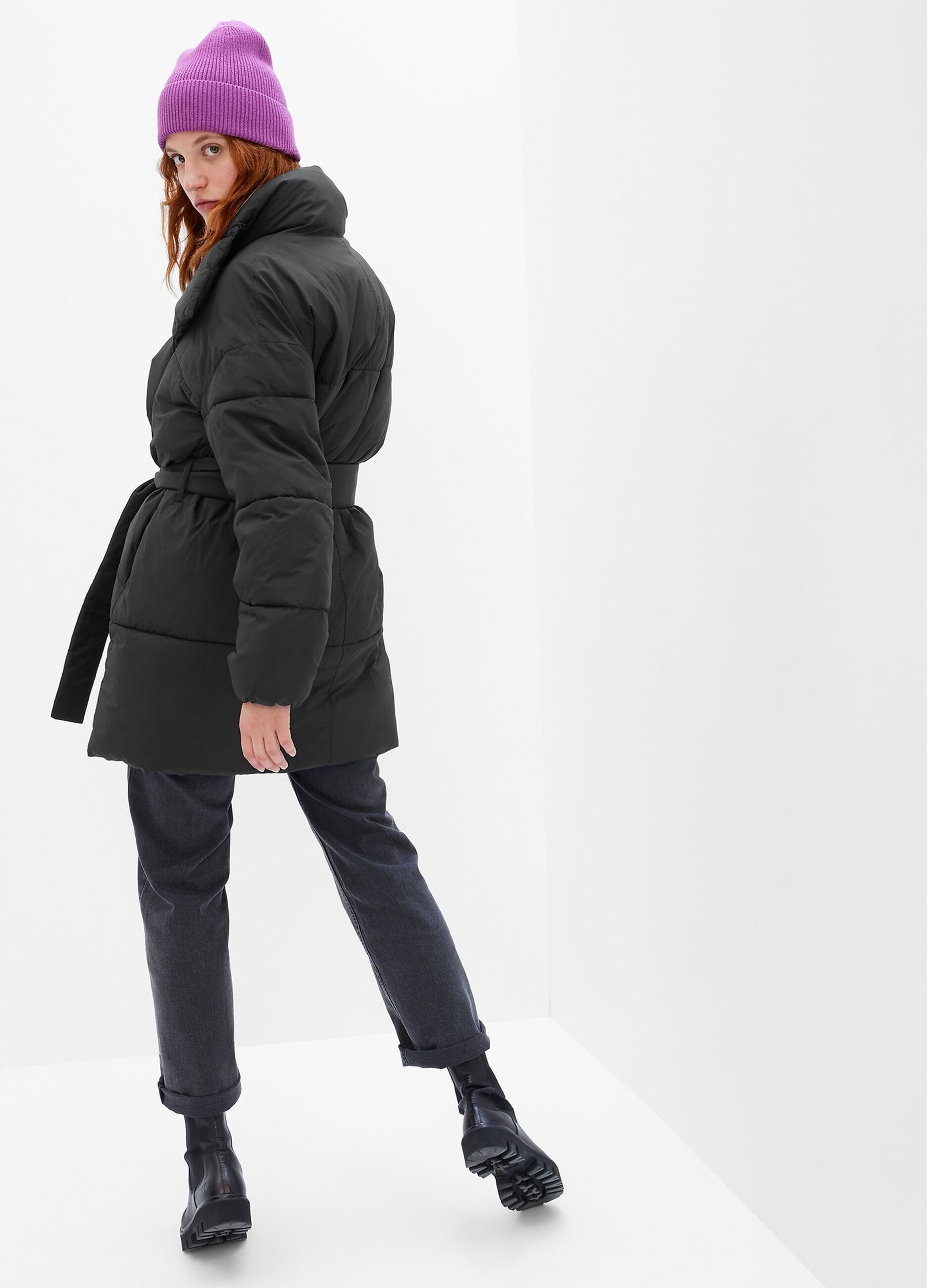 Long quilted padded jacket with belt_1