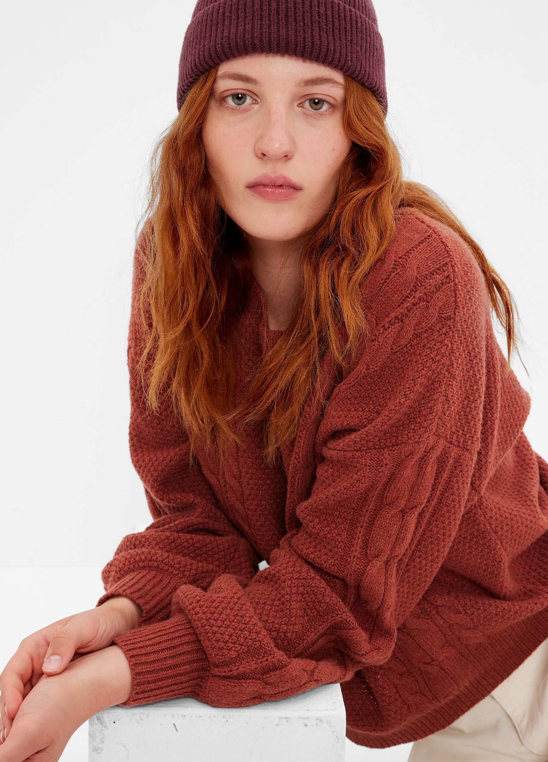 Oversized pullover with cable-knit design