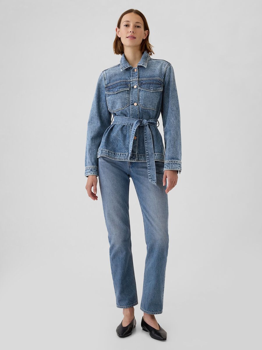 Giacca corta in denim con cintura Donna_1