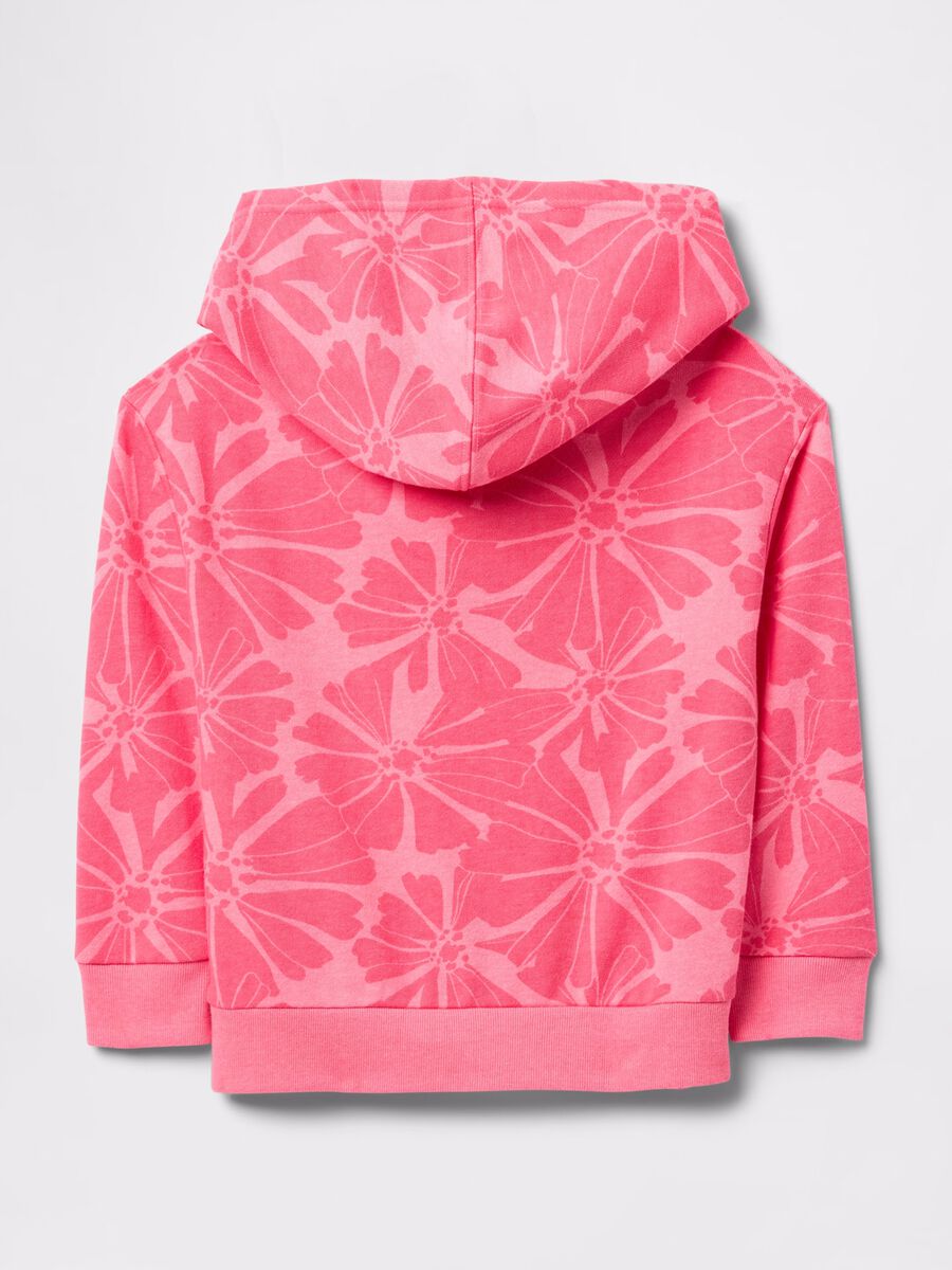 Felpa rosa in French Terry con cappuccio stampa fiori e ricamo logo Bimba_1