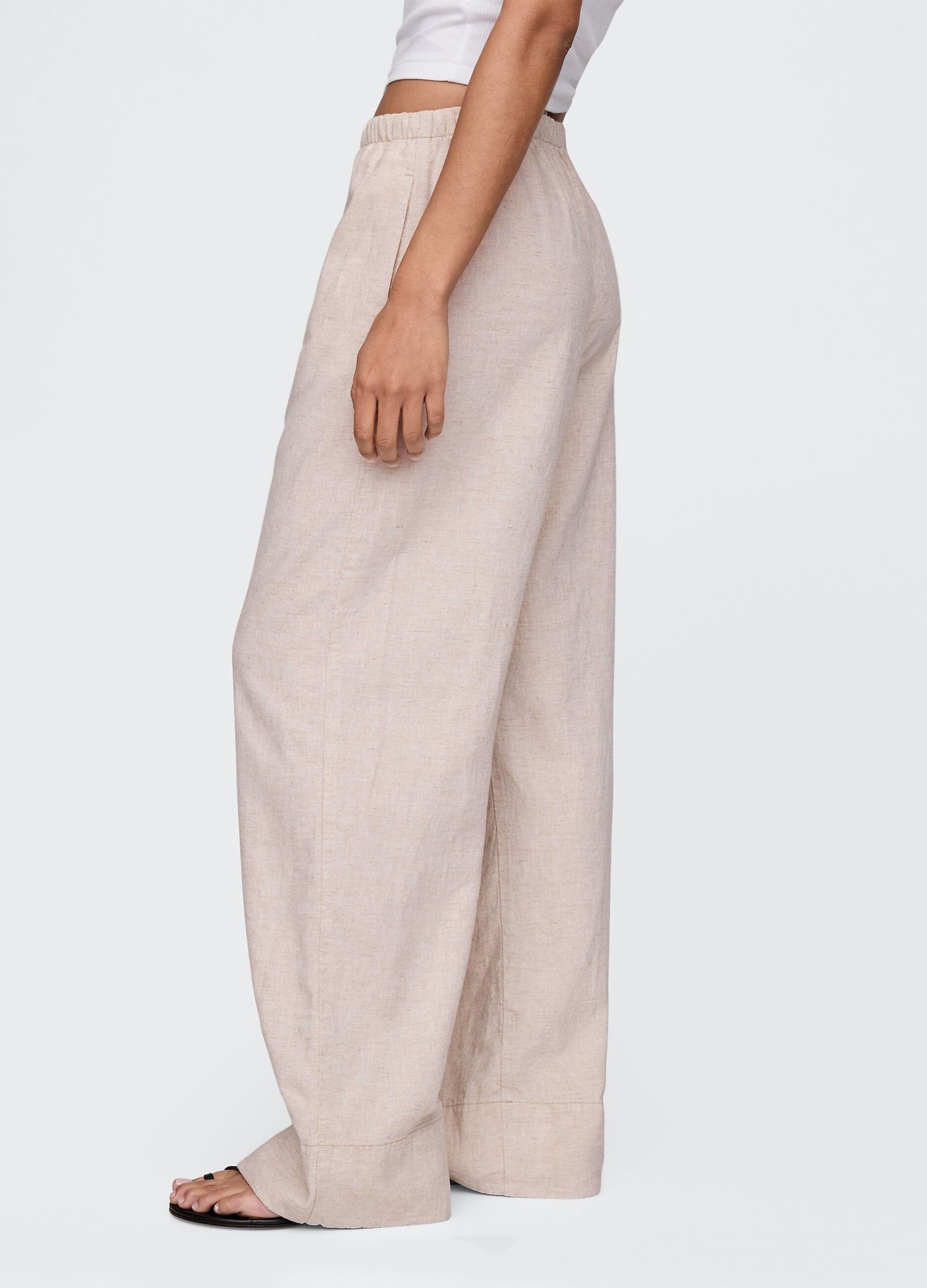 Pantaloni wide leg beige in lino e viscosa_3