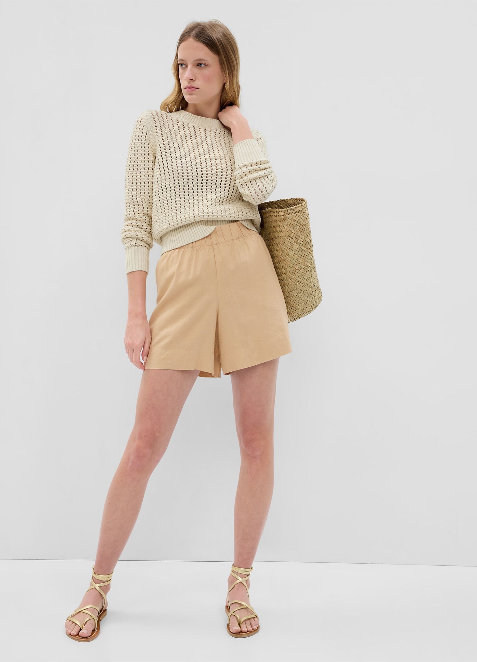 Linen and viscose pull-on shorts_0