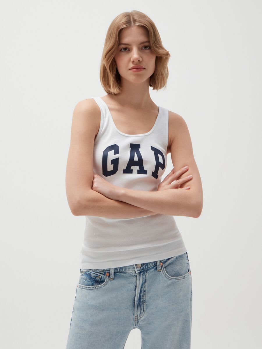 Tank top a costine con stampa logo Donna_0