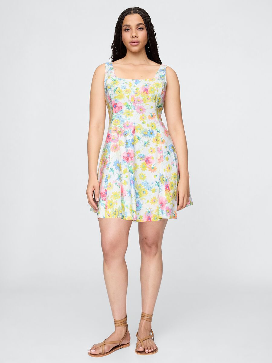 Vestito corto a fiori multicolor in lino e viscosa Donna_3