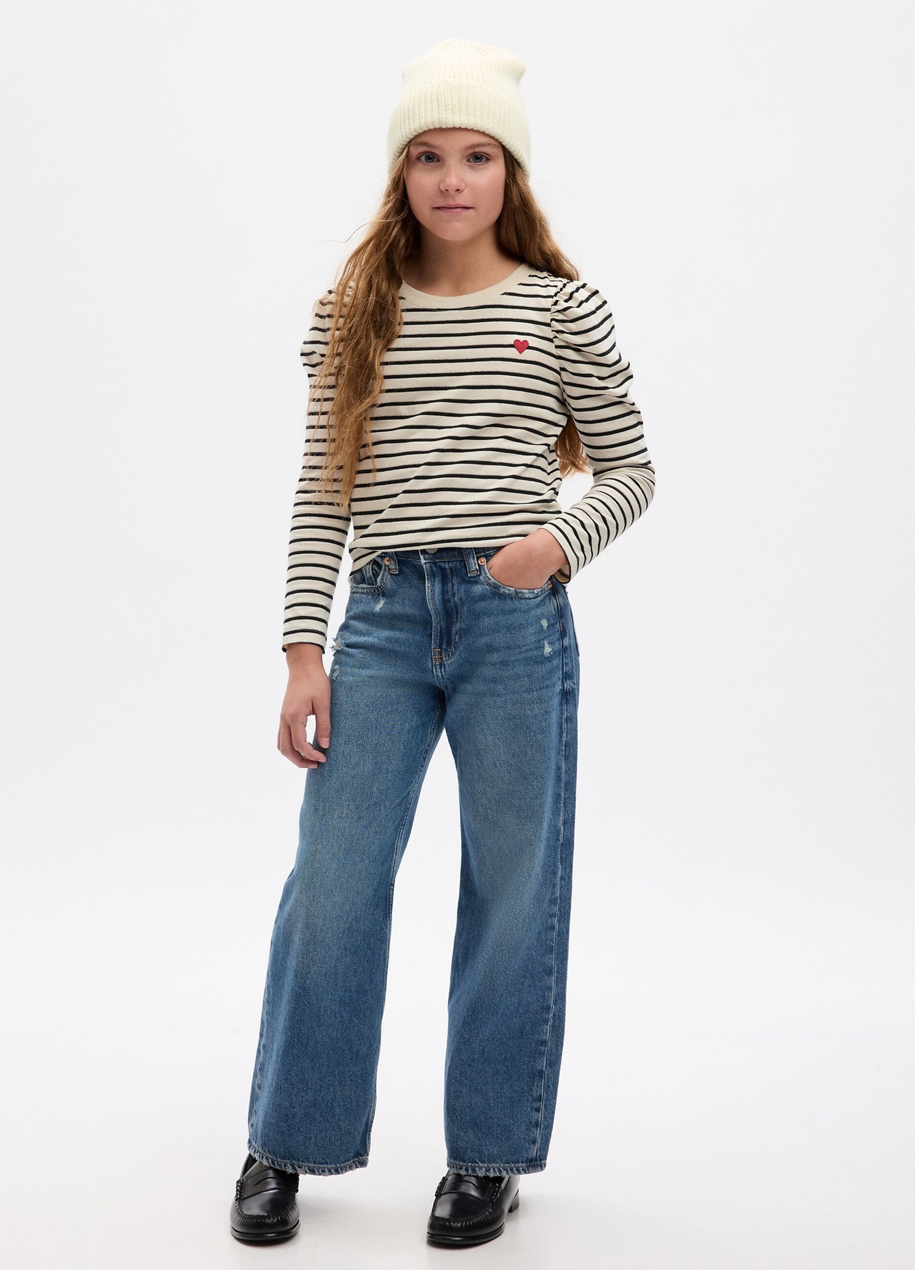 Striped T-shirt with long puff sleeves