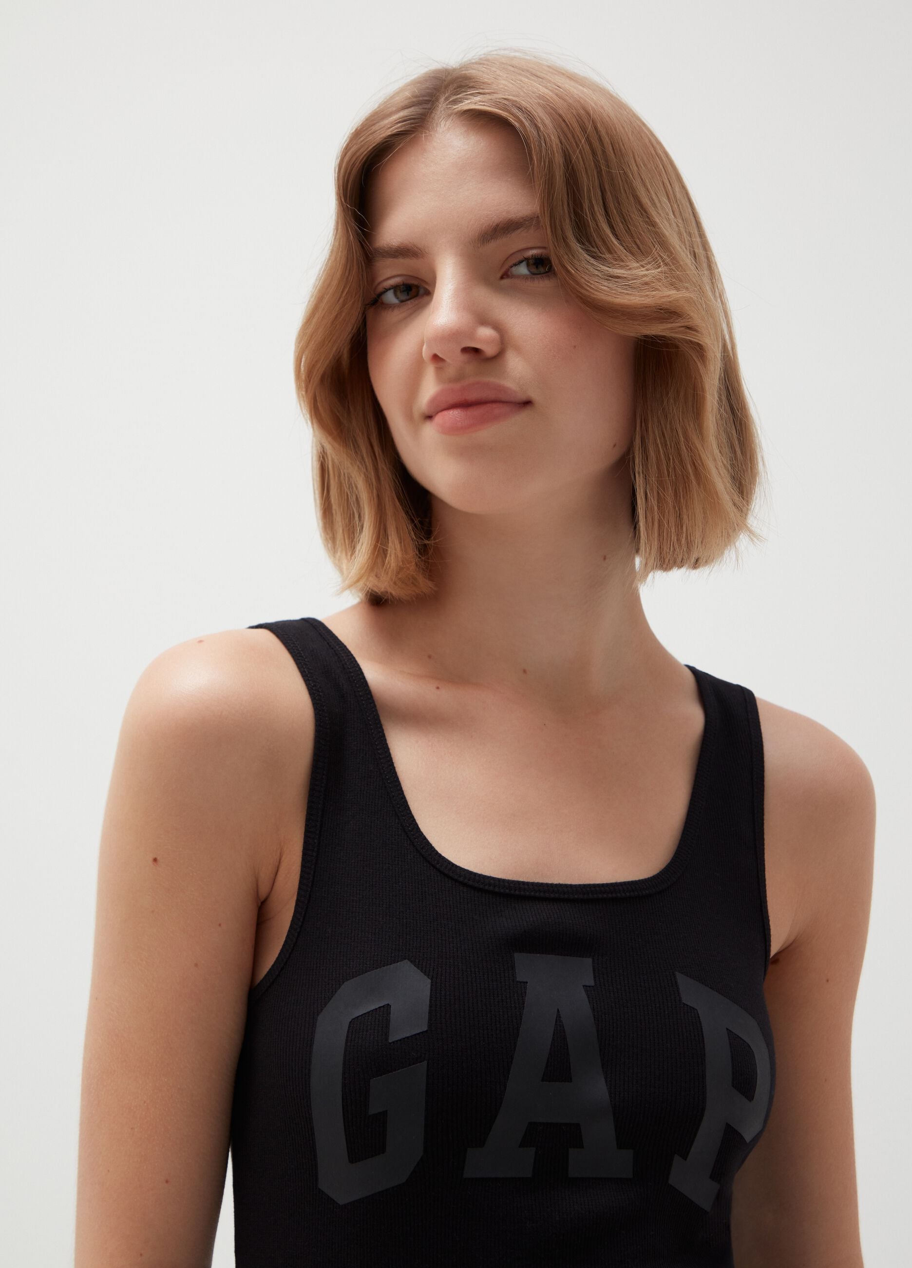 Tank top a costina con stampa logo