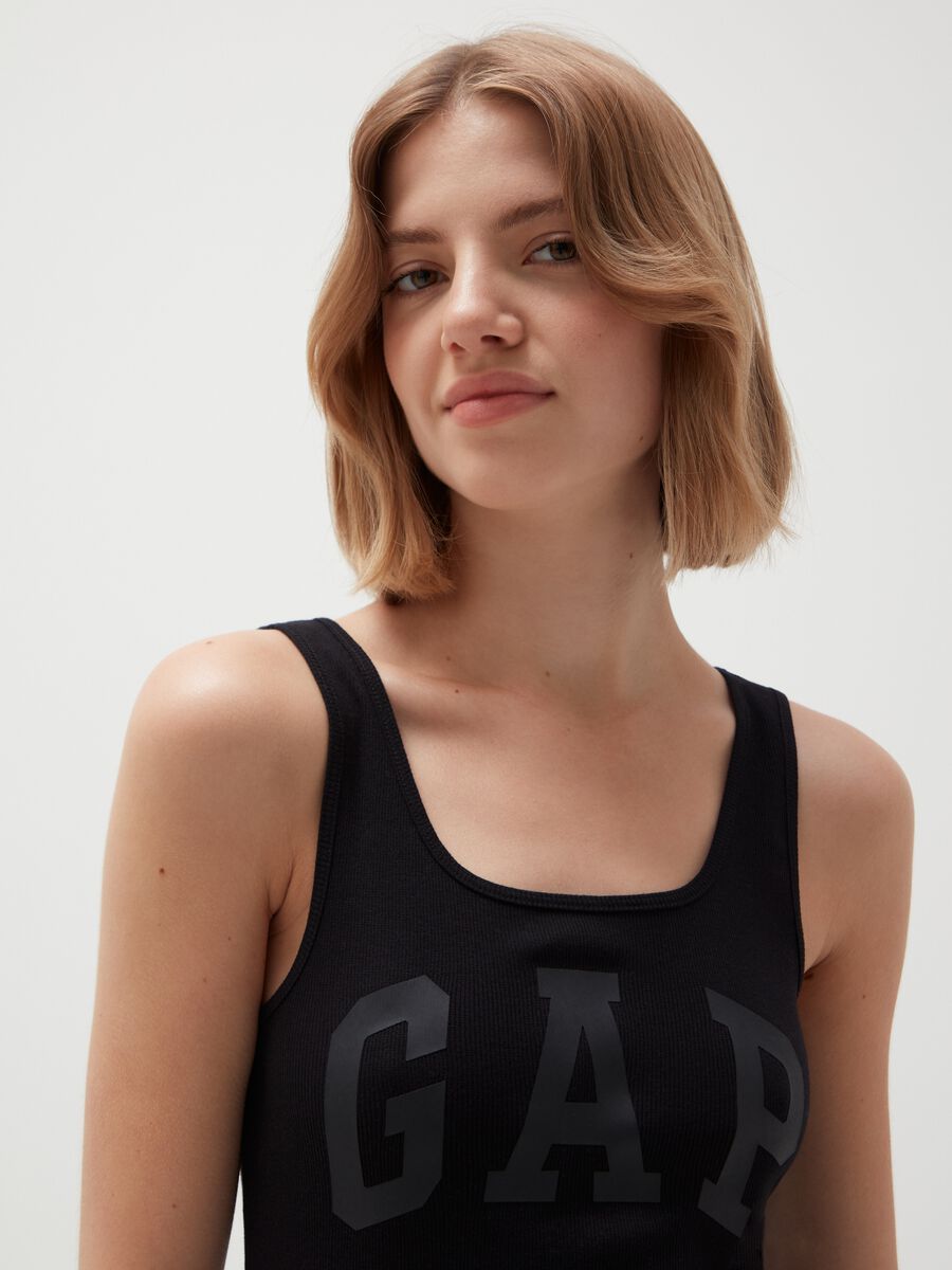 Tank top a costina con stampa logo Donna_1