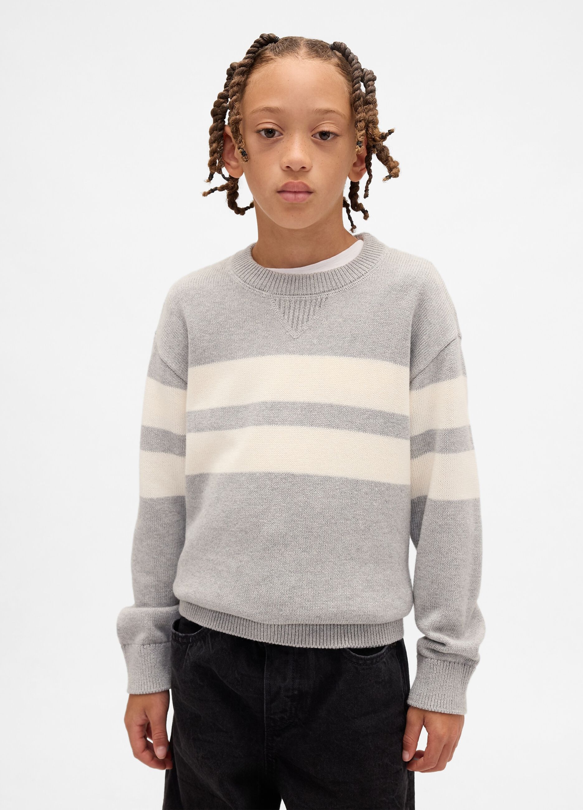 Maglione grigio a righe beige da bambino in puro cotone