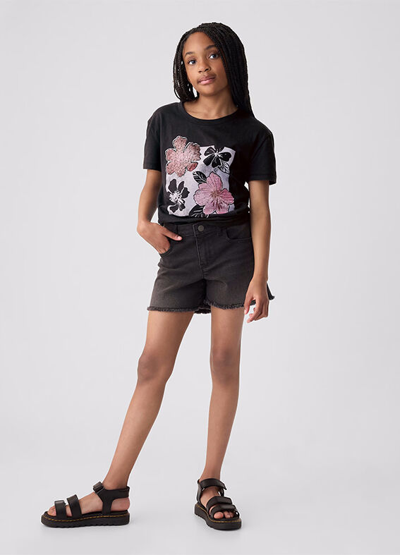 T-shirt nera con stampa floreale_1