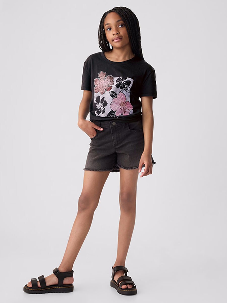 T-shirt nera con stampa floreale Bambina_1