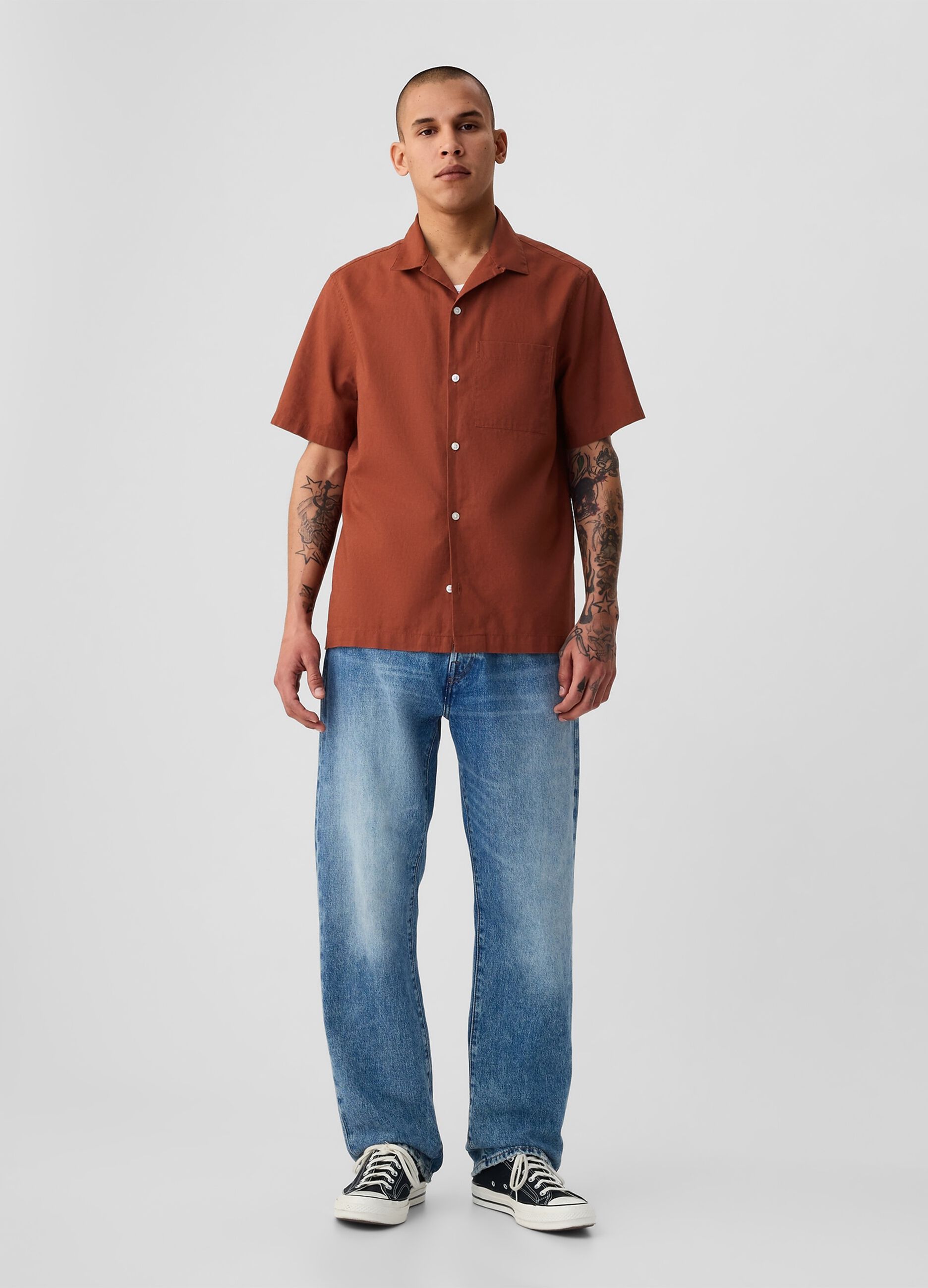 Camicia a maniche corte in lino e cotone