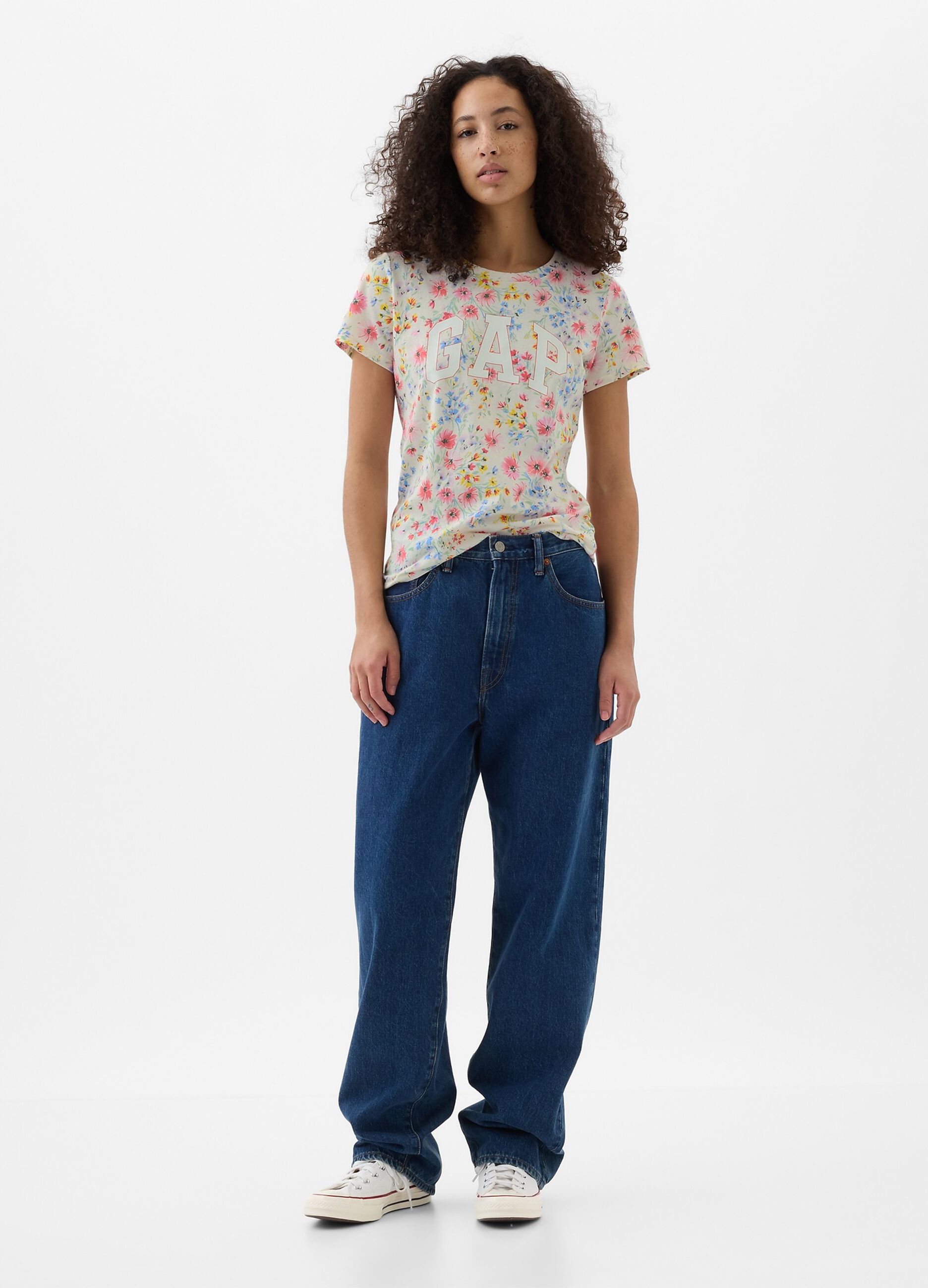 T-shirt floreale con stampa logo_1