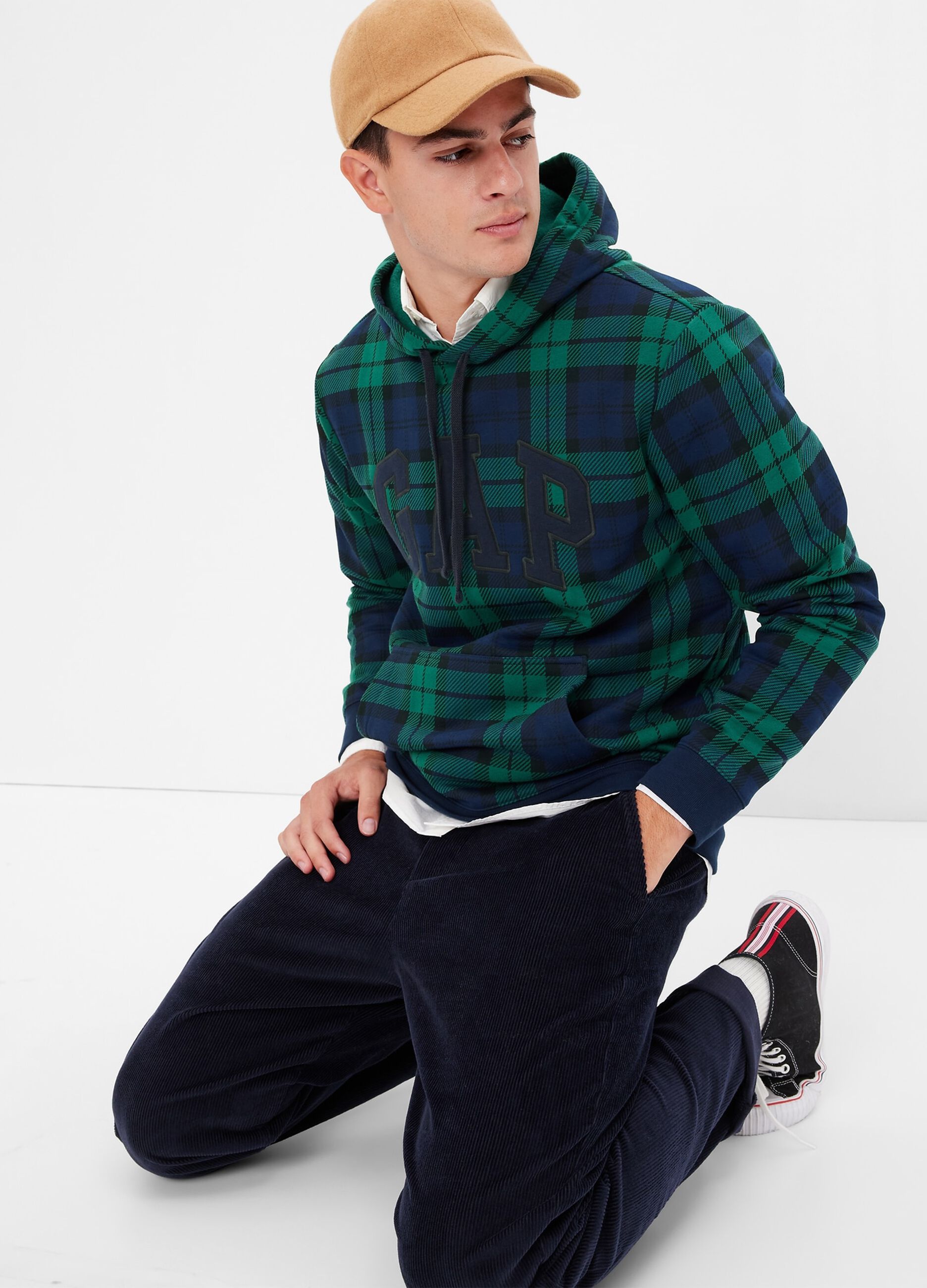 Tartan pattern hoodie with embroidered logo