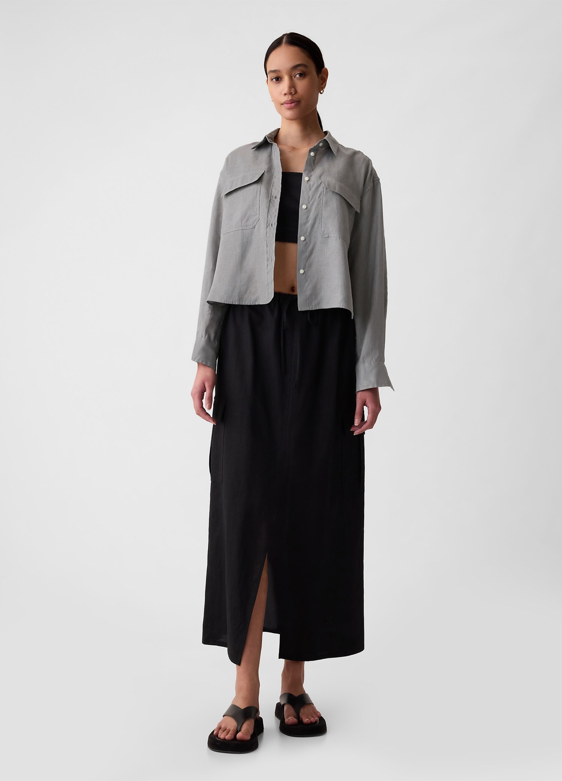 Camicia crop in lino con tasche_1