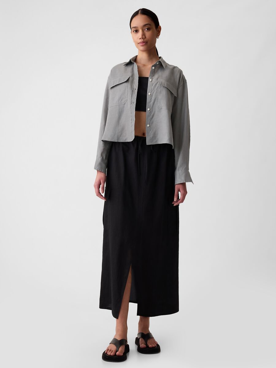 Camicia crop in lino con tasche Donna_1