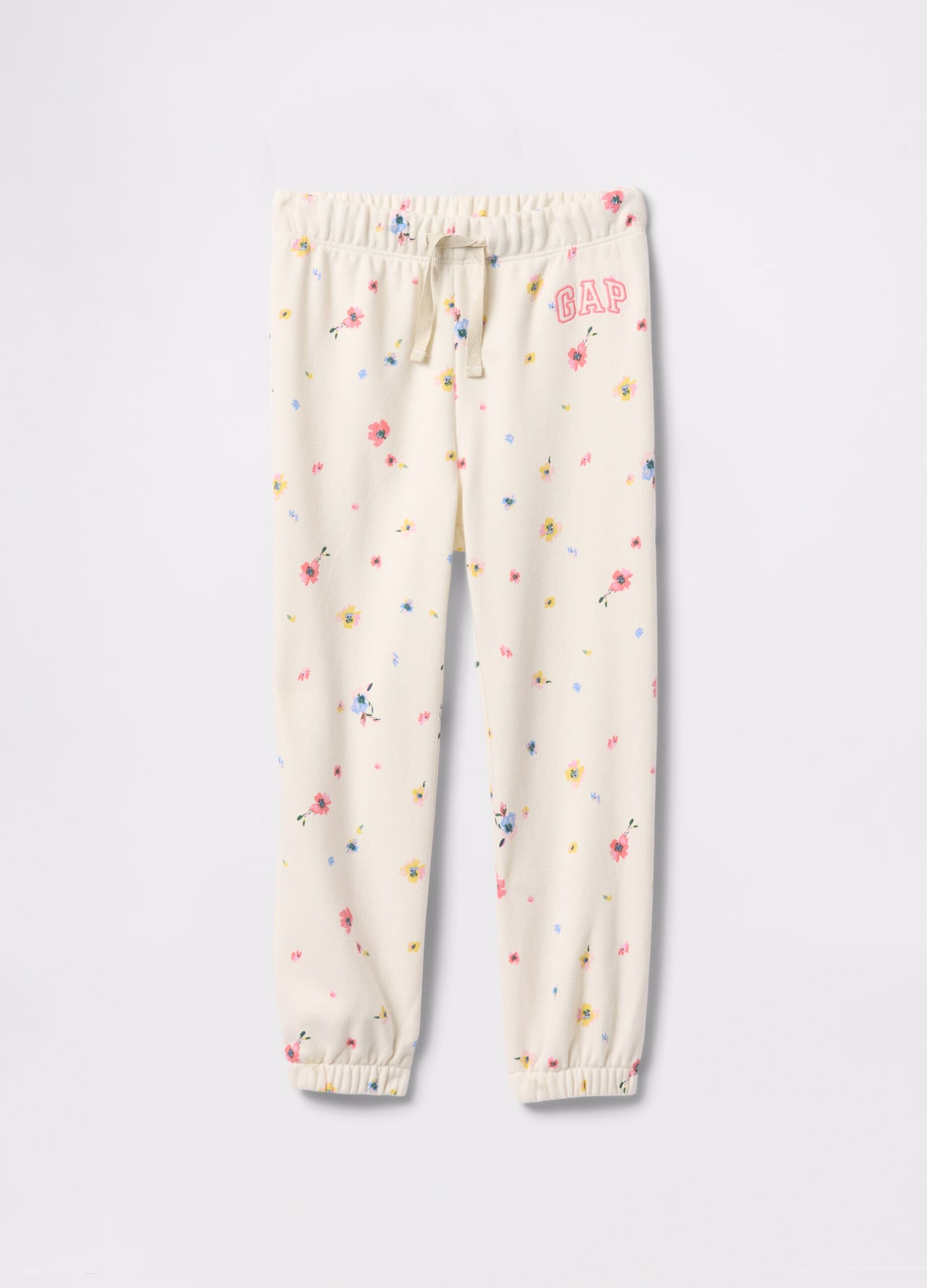 Joggers bianchi con coulisse stampa fiori e ricamo logo