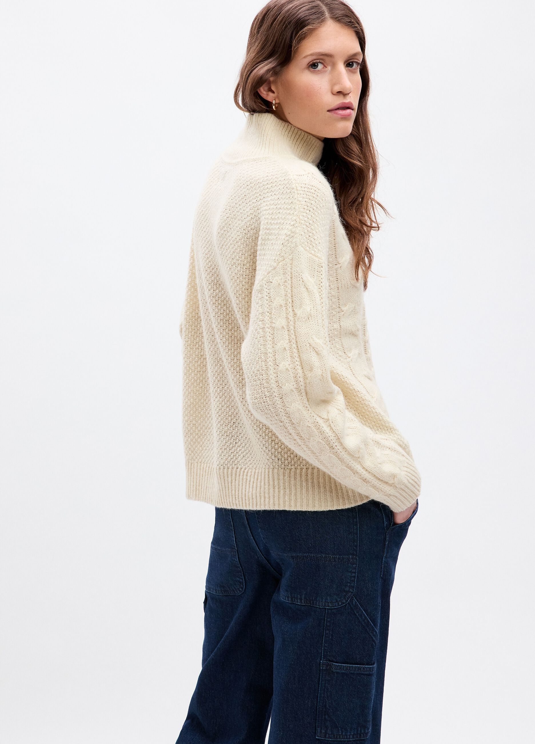Cable knit mock neck pullover_1