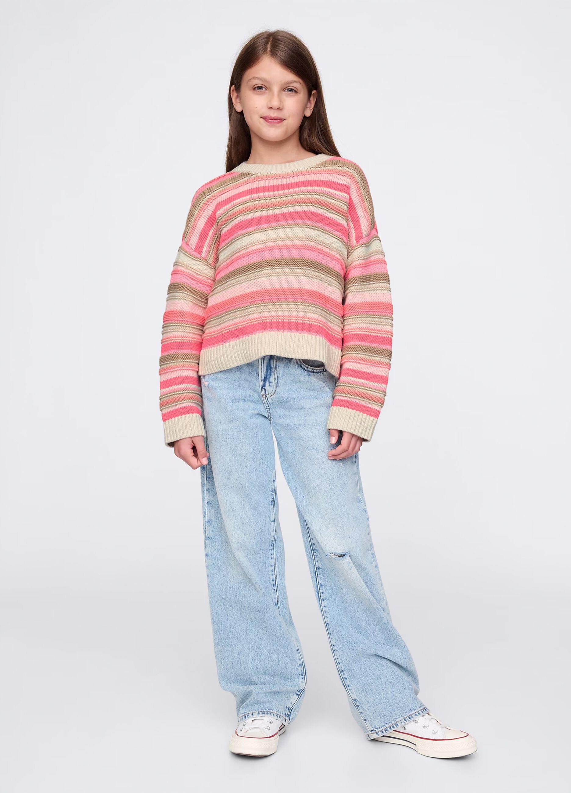Pullover rosa e beige in cotone a righe_1