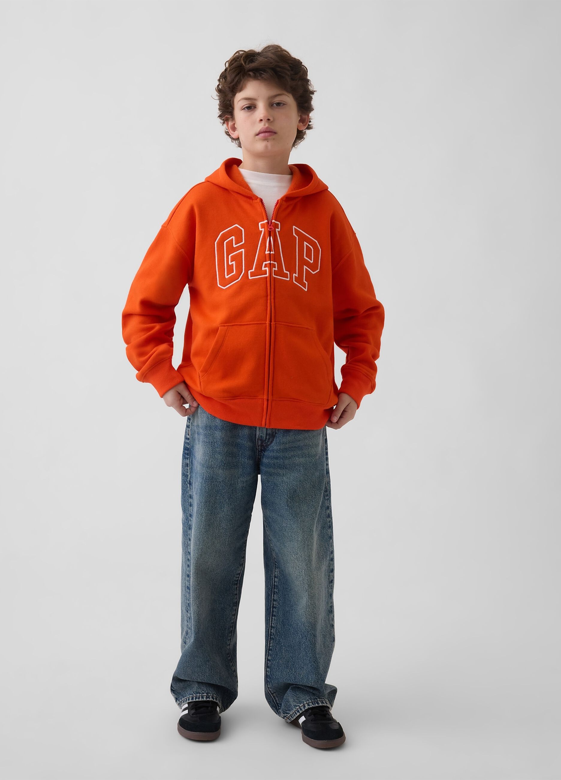 Felpa in misto cotone arancione da bambino con logo, zip e cappuccio