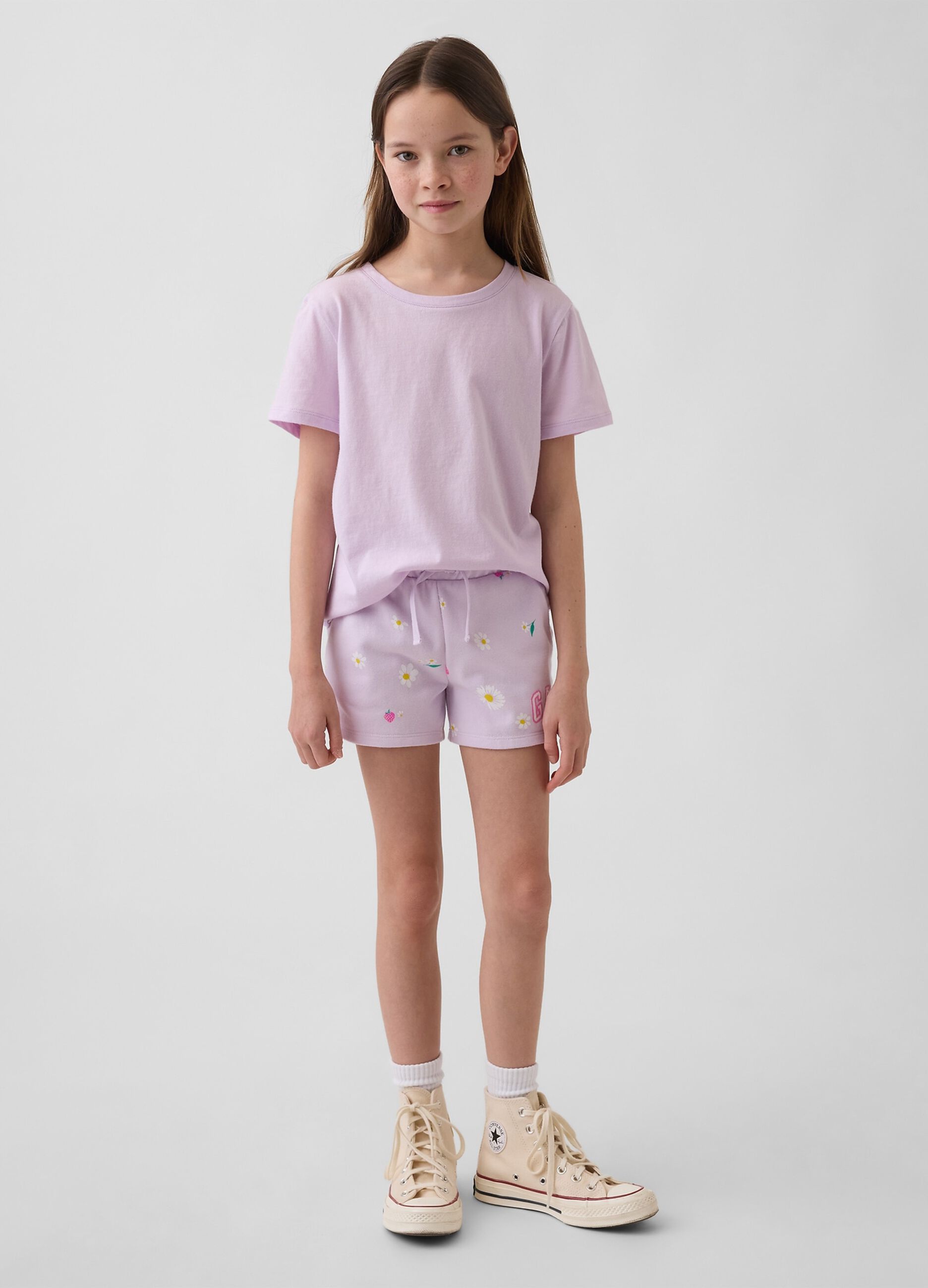 Shorts in misto cotone viola da bambina con fragole e fiori