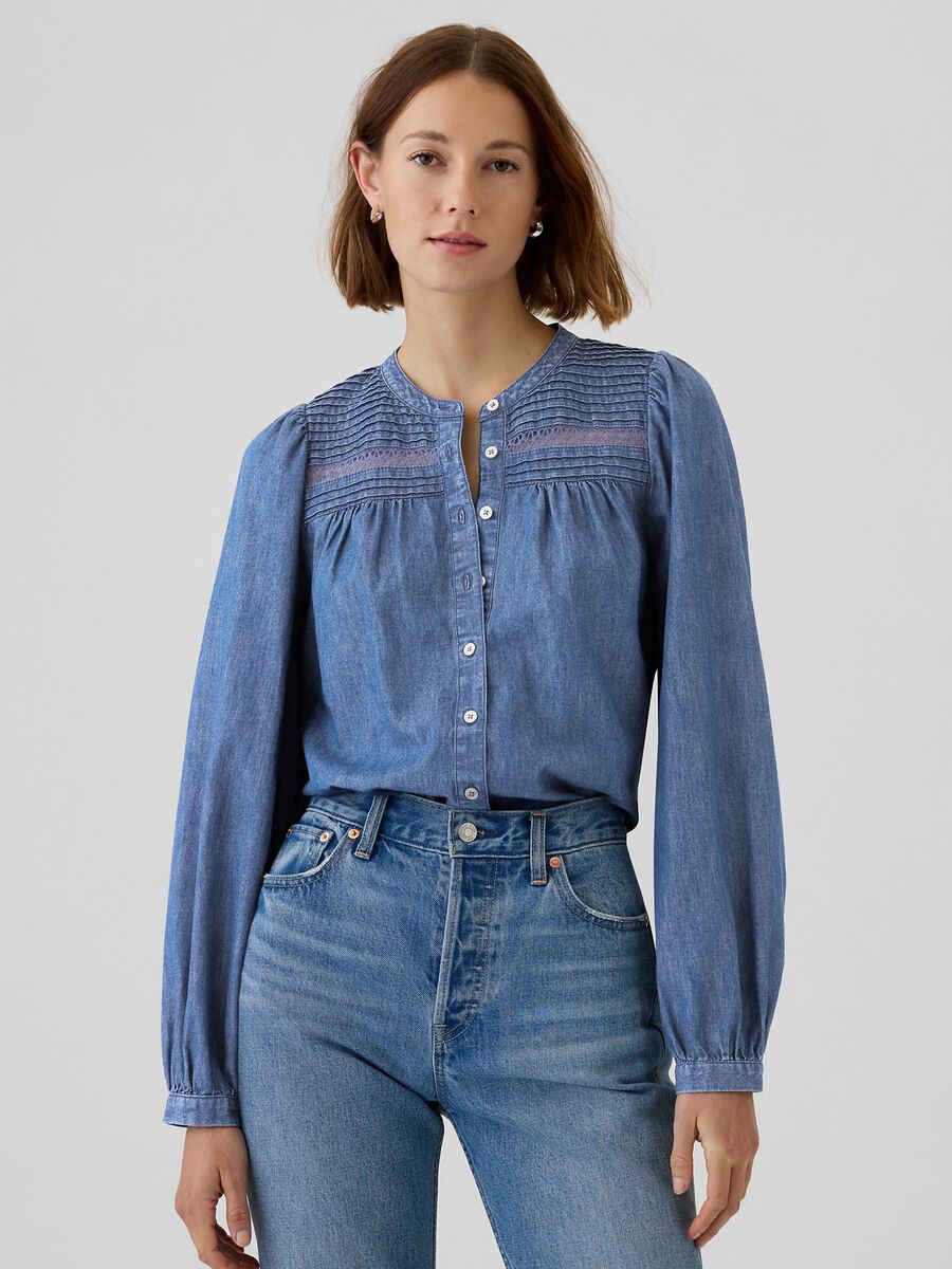 Camicia in denim blu con dettagli lavorati Woman_0