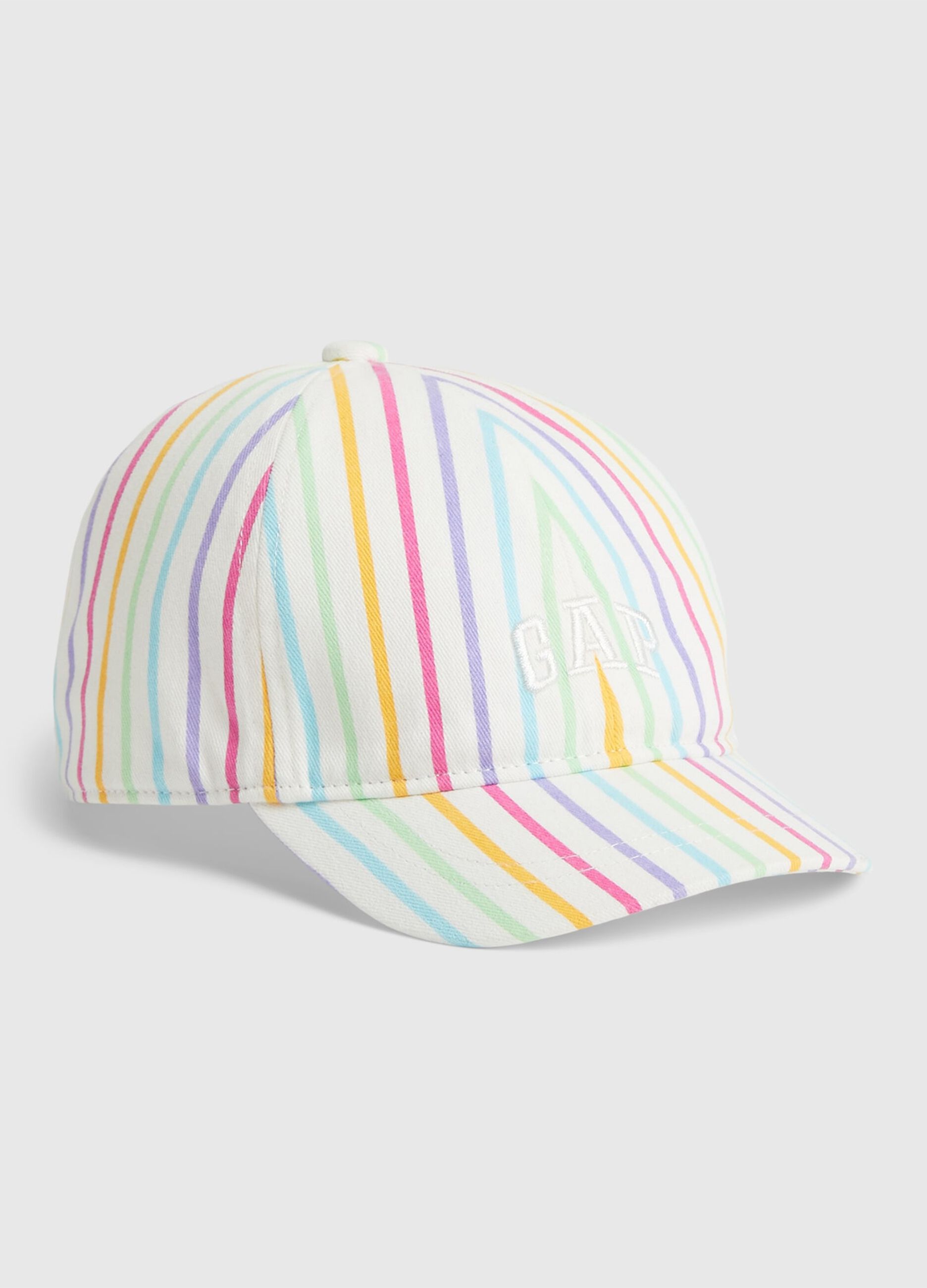 Striped baseball cap with embroidered logo.