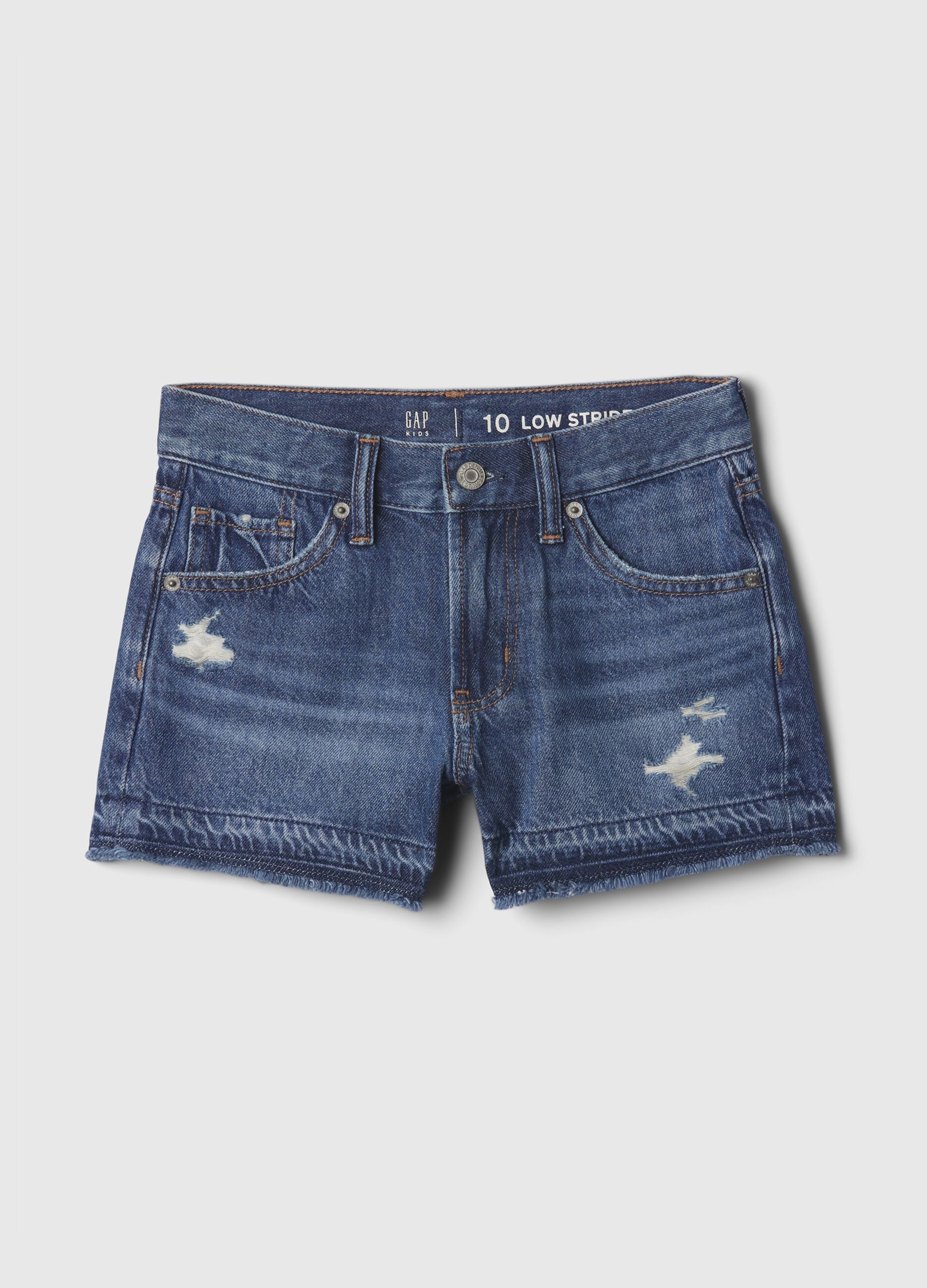 Shorts in denim con abrasioni a vita bassa_3