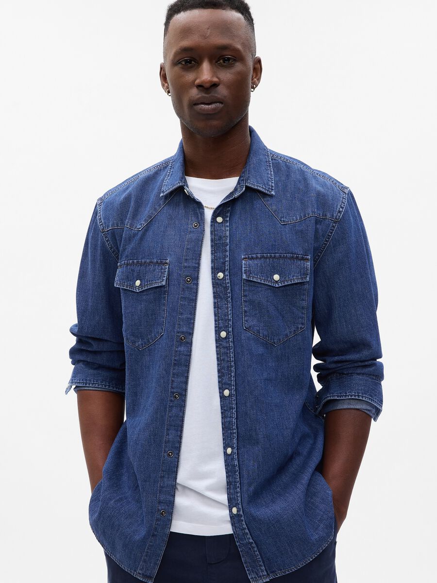 Western shirt in denim with pearl buttons Man_0