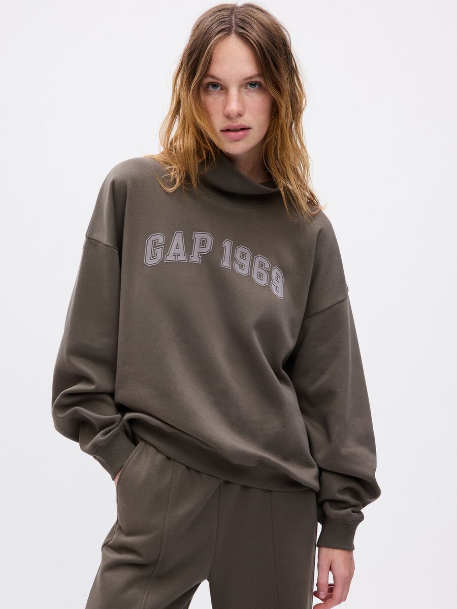 Felpa oversize a collo alto con stampa logo Donna_0