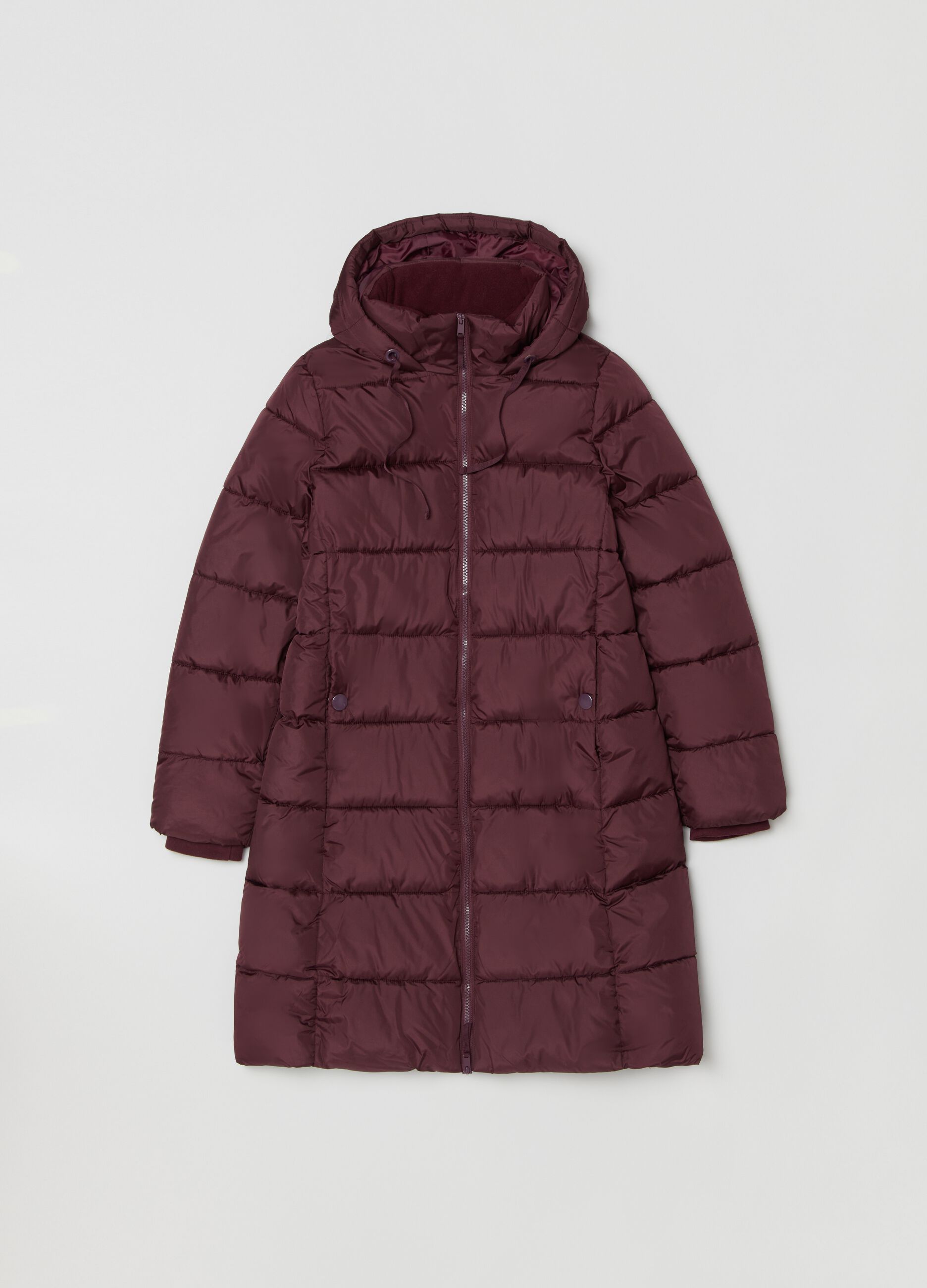 Long quilted down jacket with hood