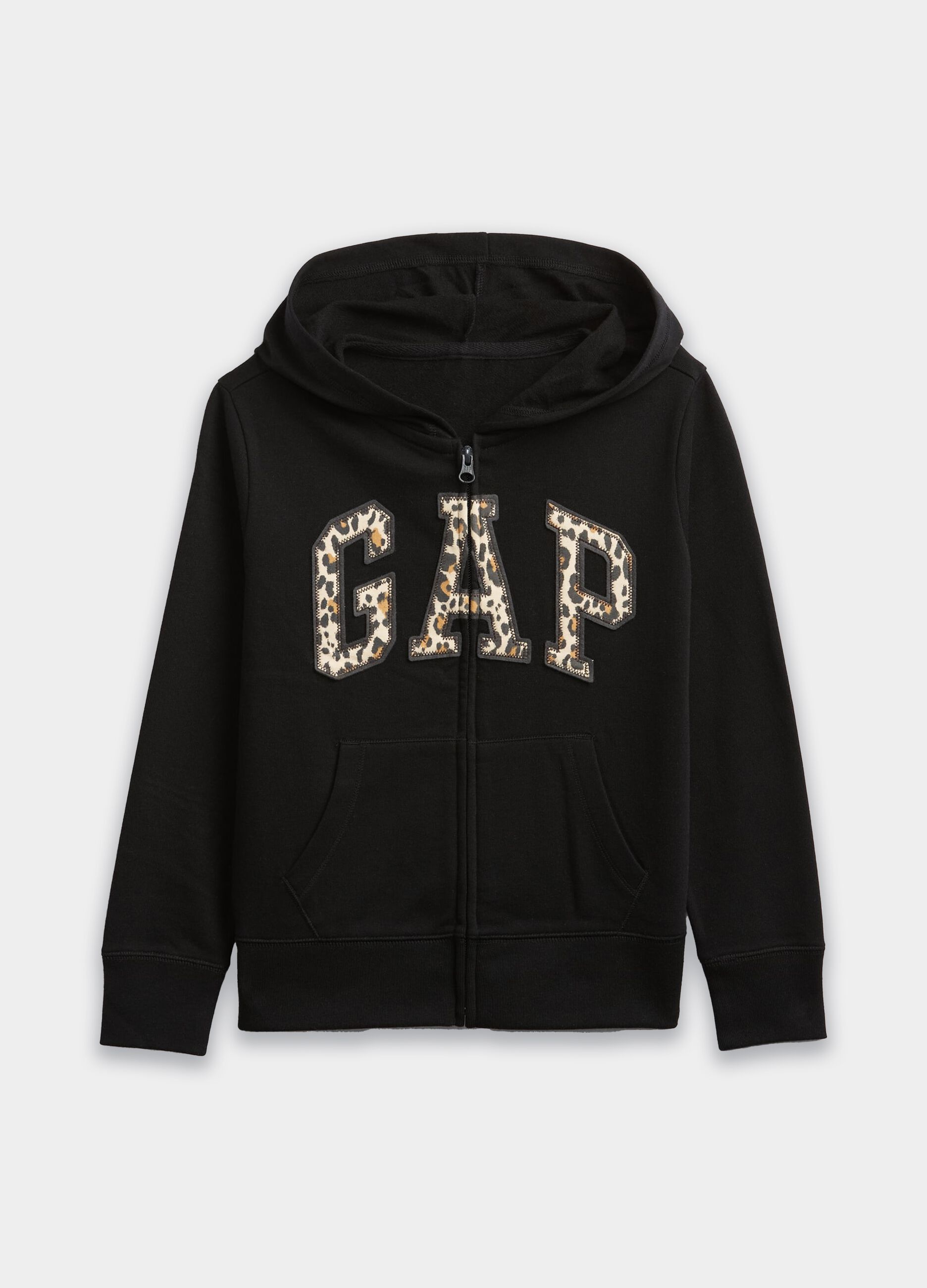 Full-zip hoodie with animal print logo patch