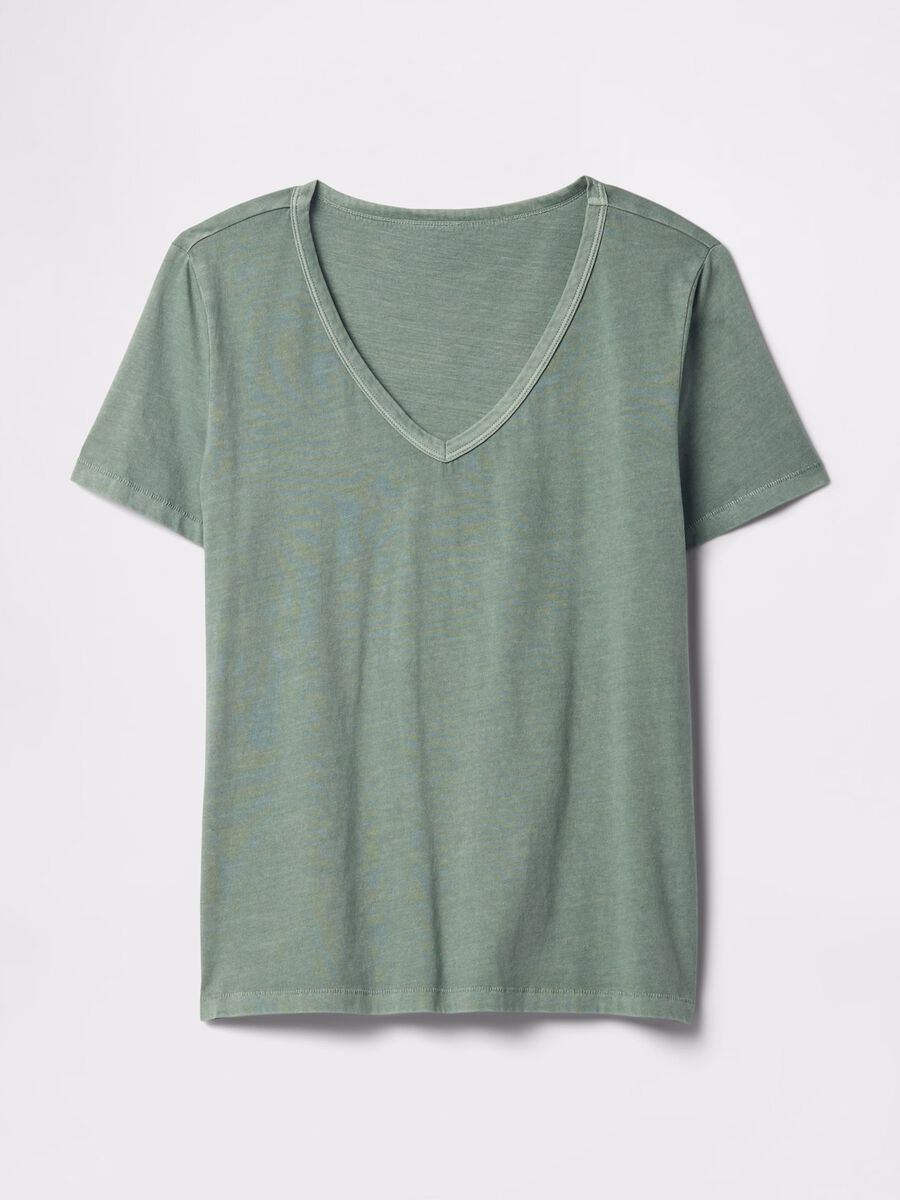 T-shirt verde in cotone con scollo a V Donna_3