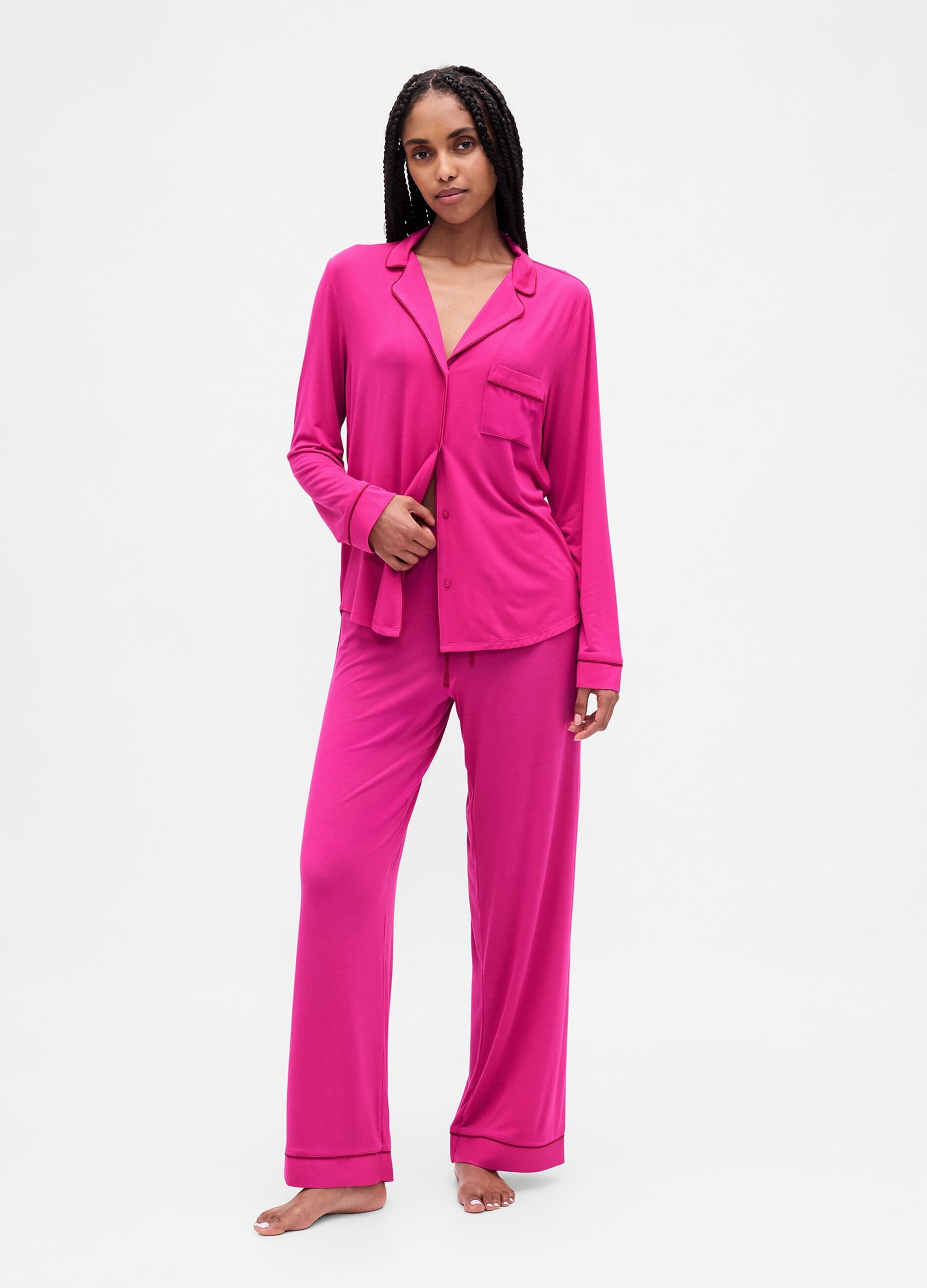 Top pigiama a manica lunga con piping a contrasto