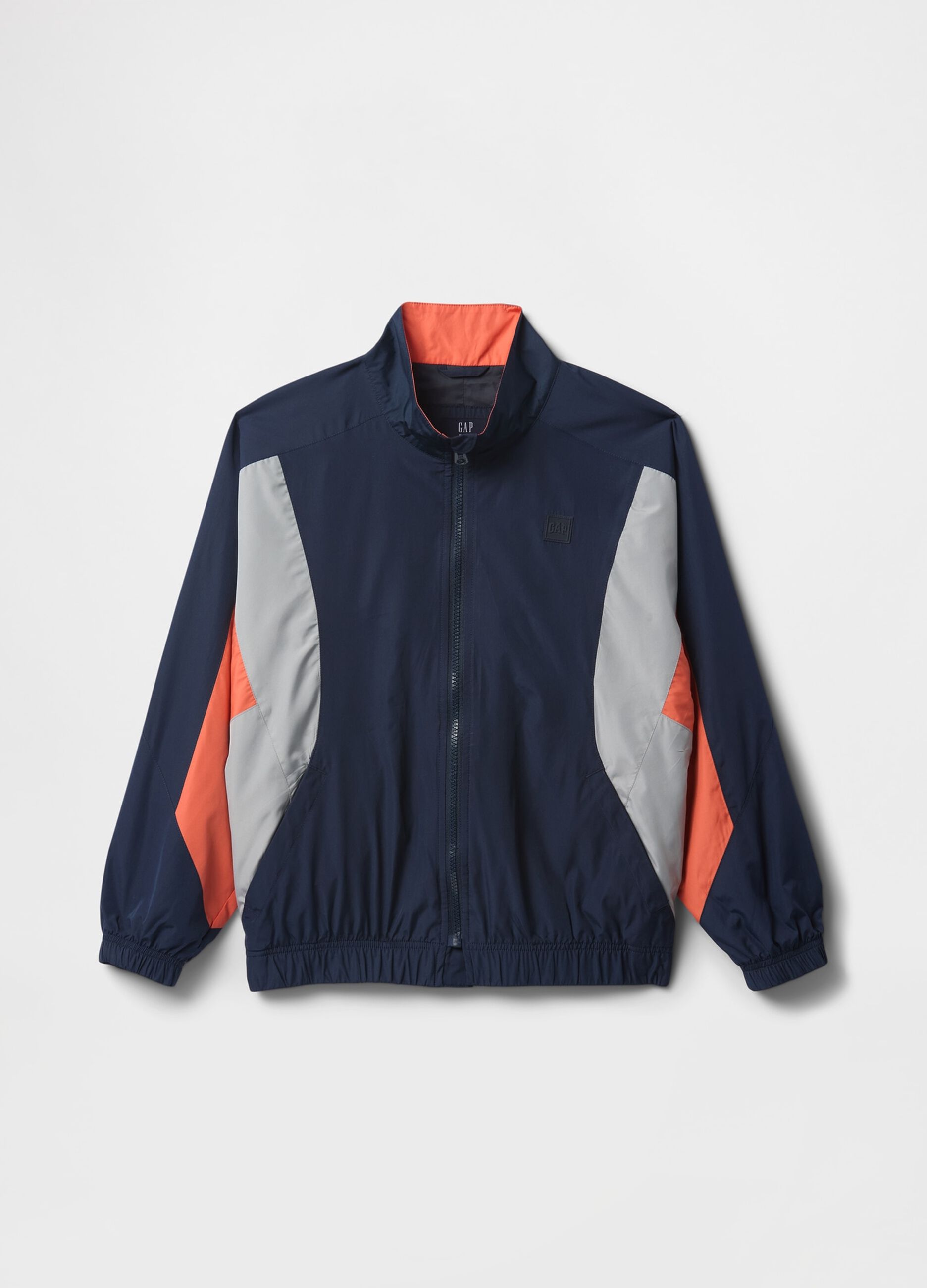 Giacca leggera blu con dettagli arancioni e grigi