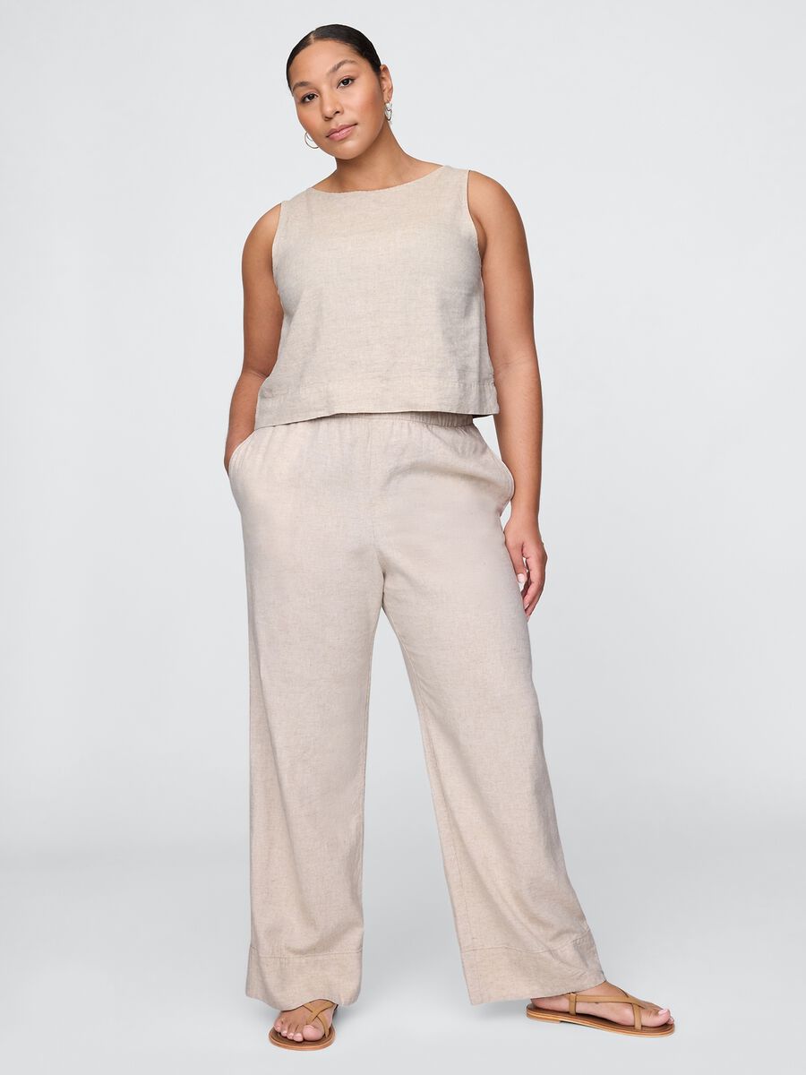Pantaloni wide leg beige in lino e viscosa Donna_4
