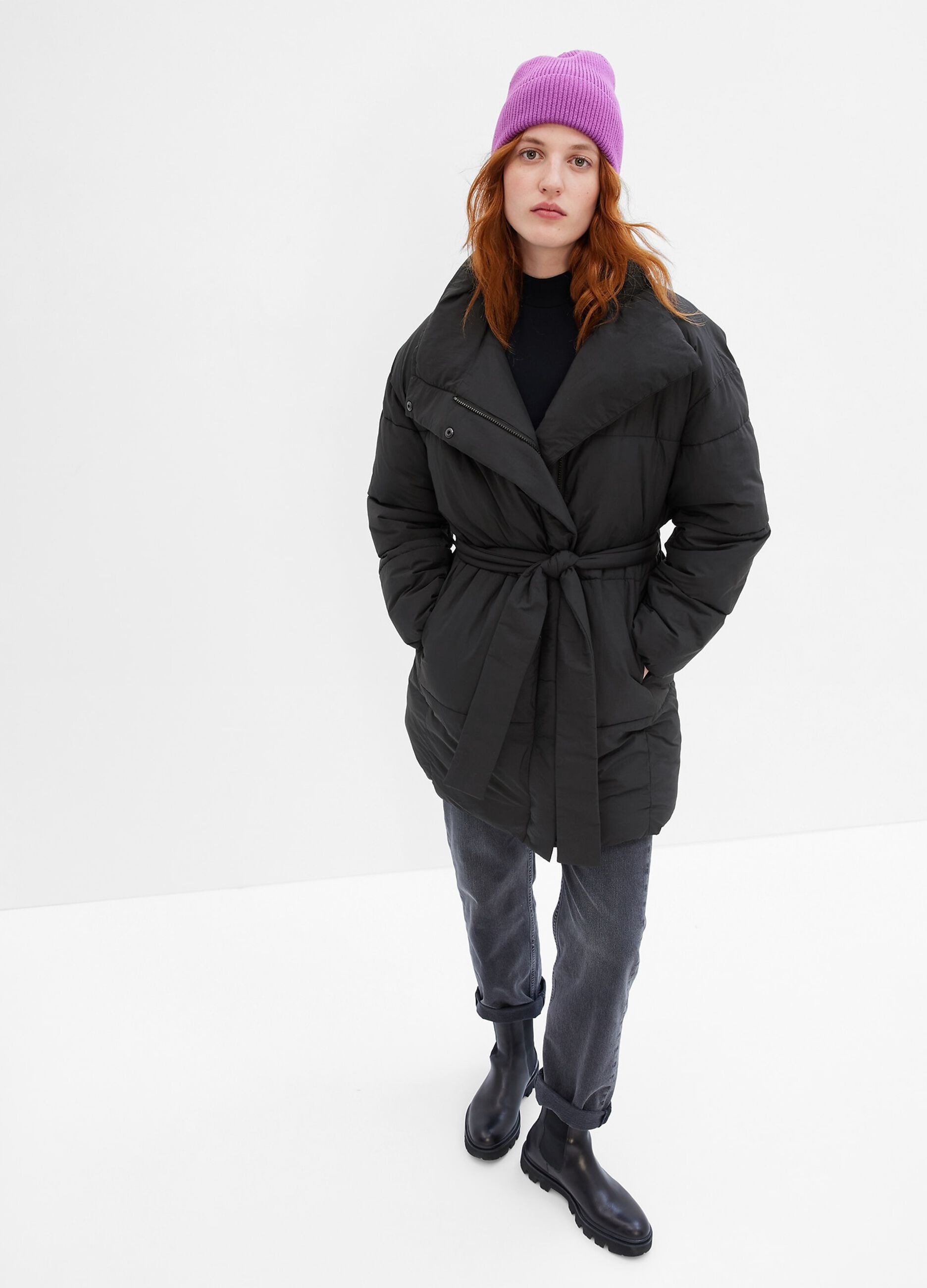 Long quilted padded jacket with belt