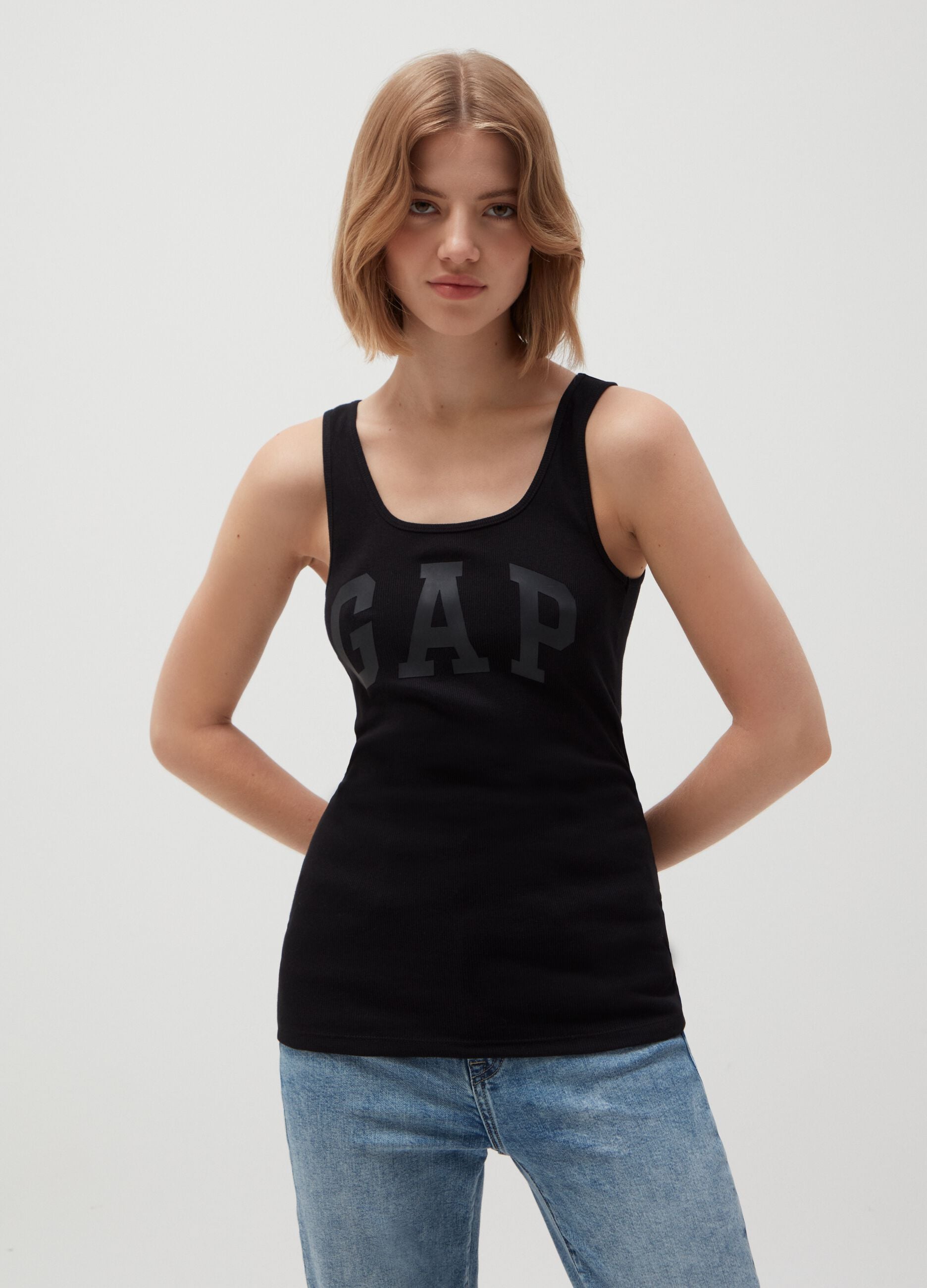 Tank top a costina con stampa logo