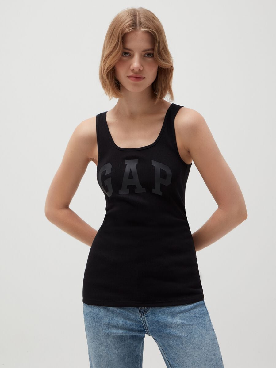 Tank top a costina con stampa logo Donna_2