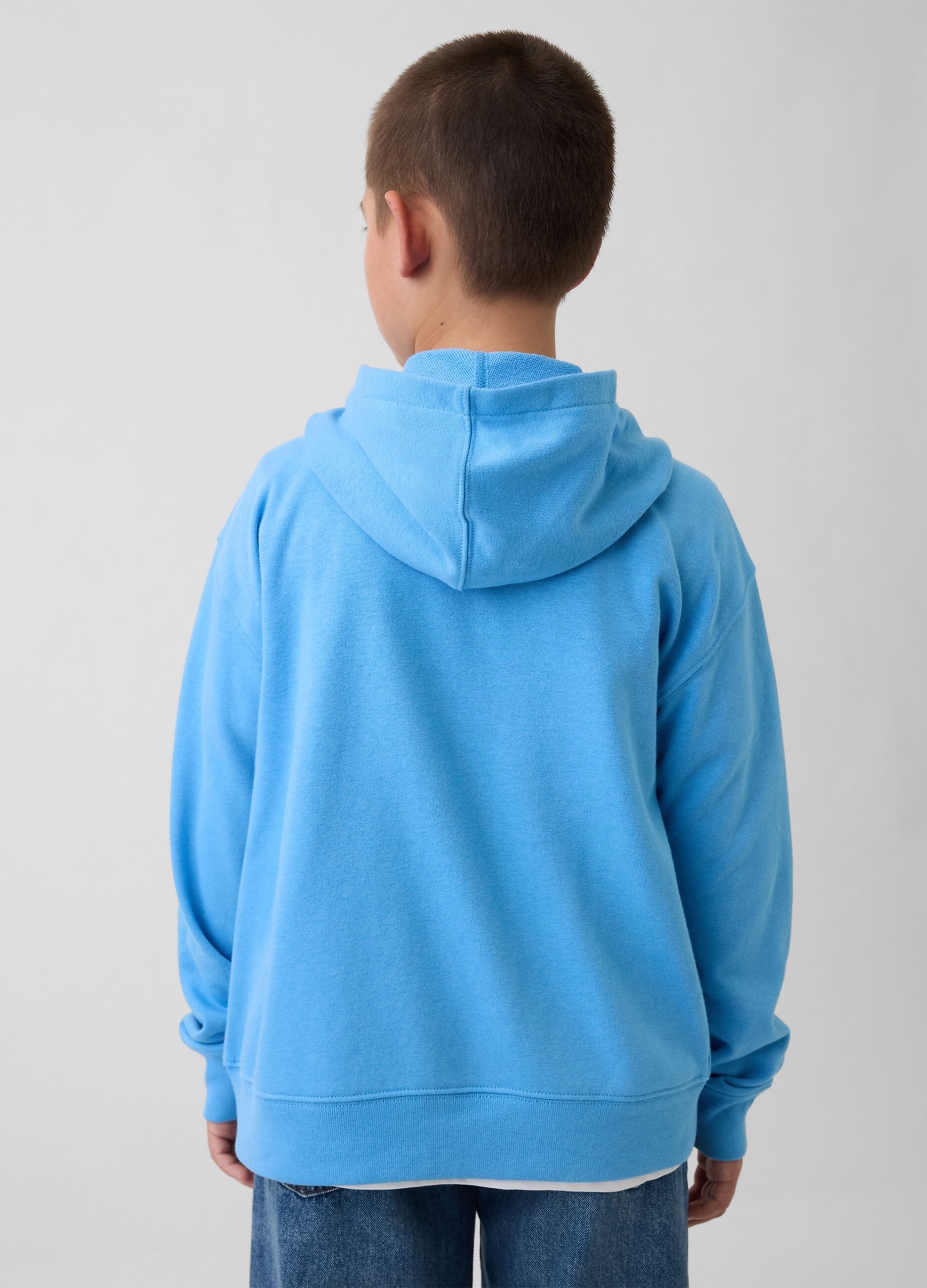 Felpa in misto cotone azzurra da bambino con logo, zip e cappuccio