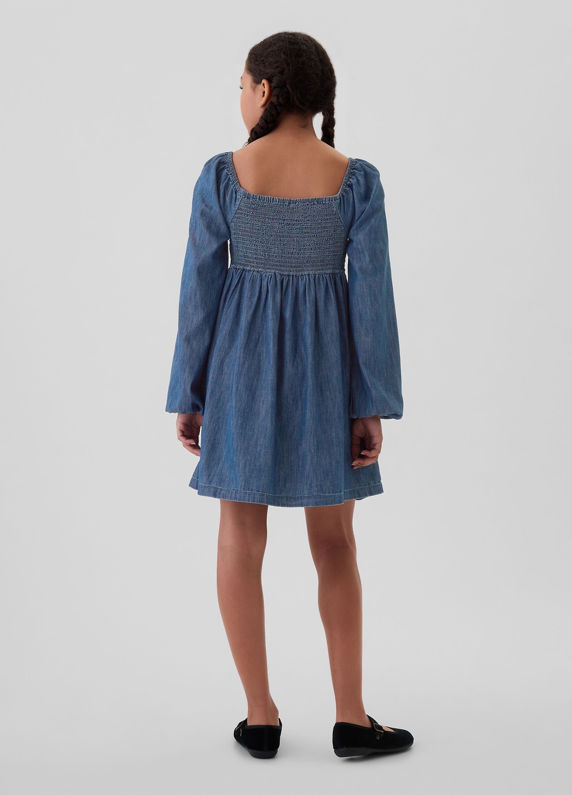 Vestito corto in denim con maniche a palloncino_1