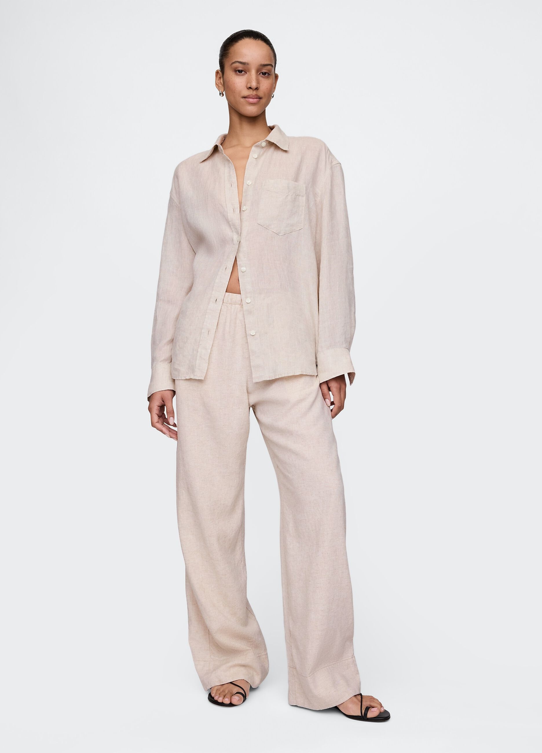 Pantaloni wide leg beige in lino e viscosa