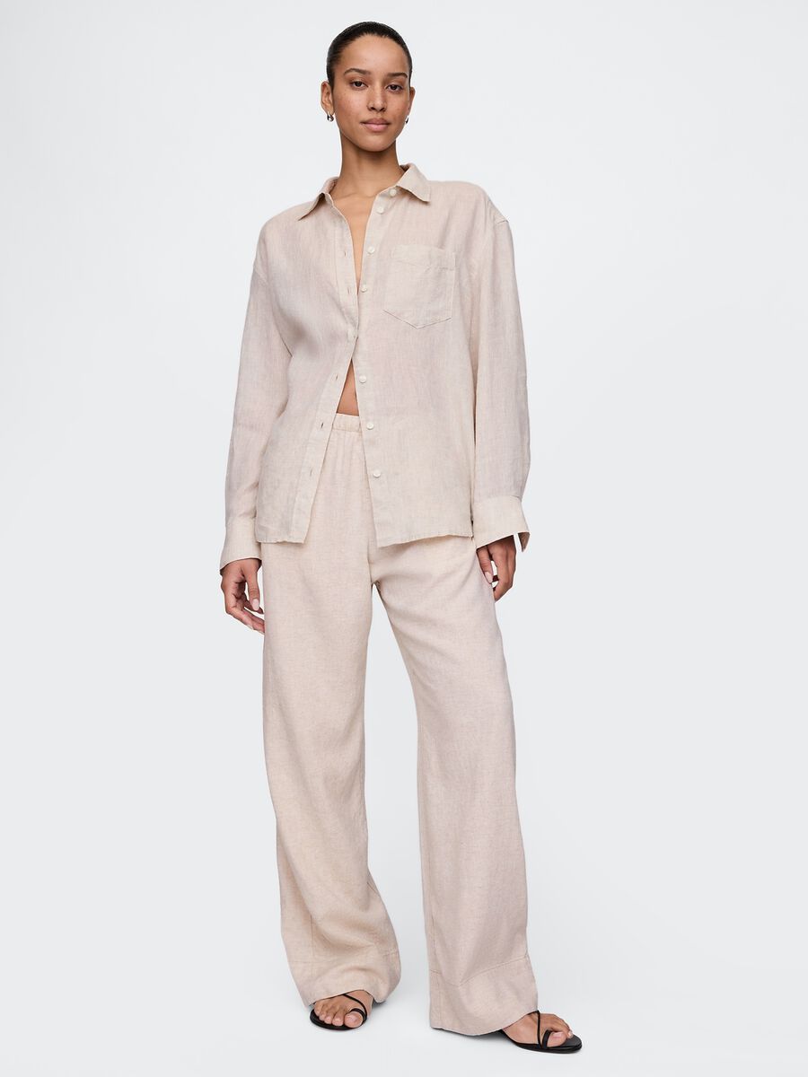 Pantaloni wide leg beige in lino e viscosa Donna_0