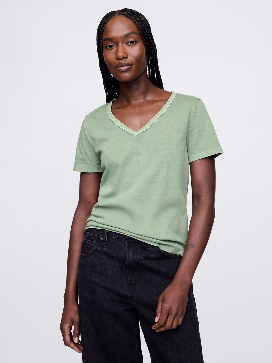 T-shirt verde in cotone con scollo a V Donna_0