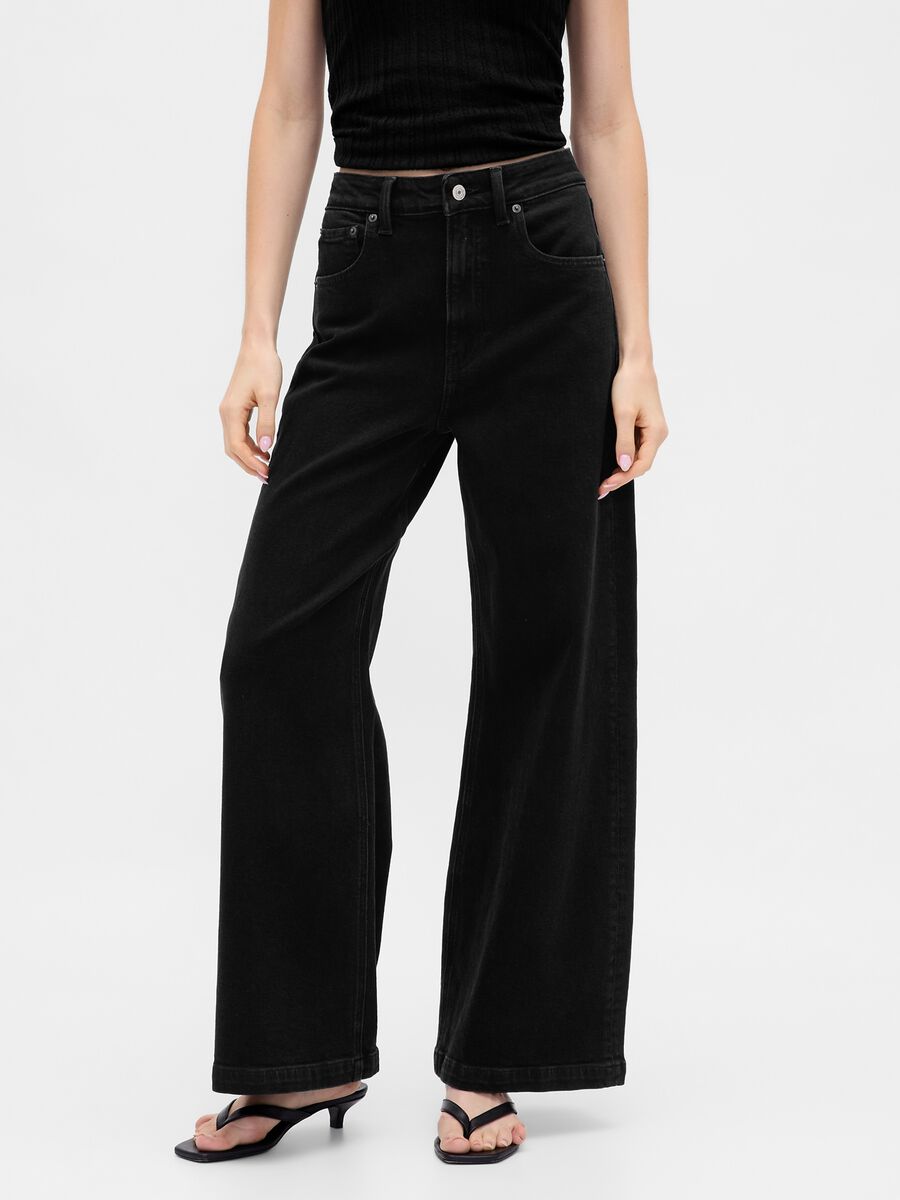 Pantaloni neri wide leg in cotone elasticizzato Donna_1
