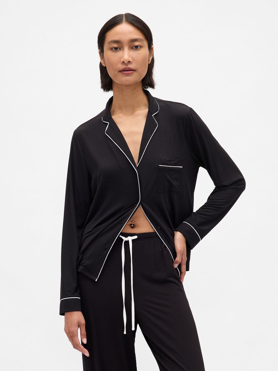 Top pigiama a manica lunga con piping a contrasto Donna_0