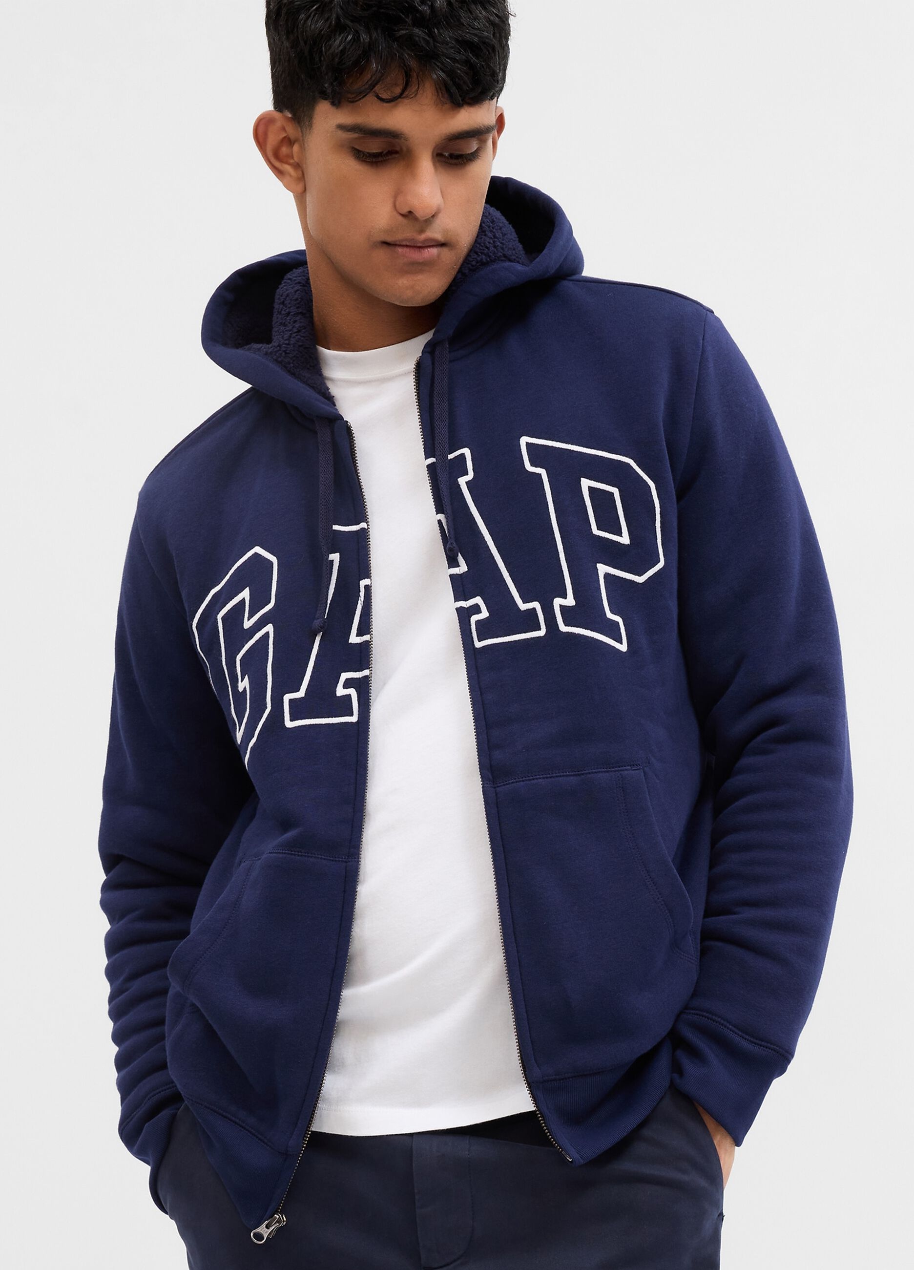 Full-zip hoodie with sherpa lining and logo embroidery