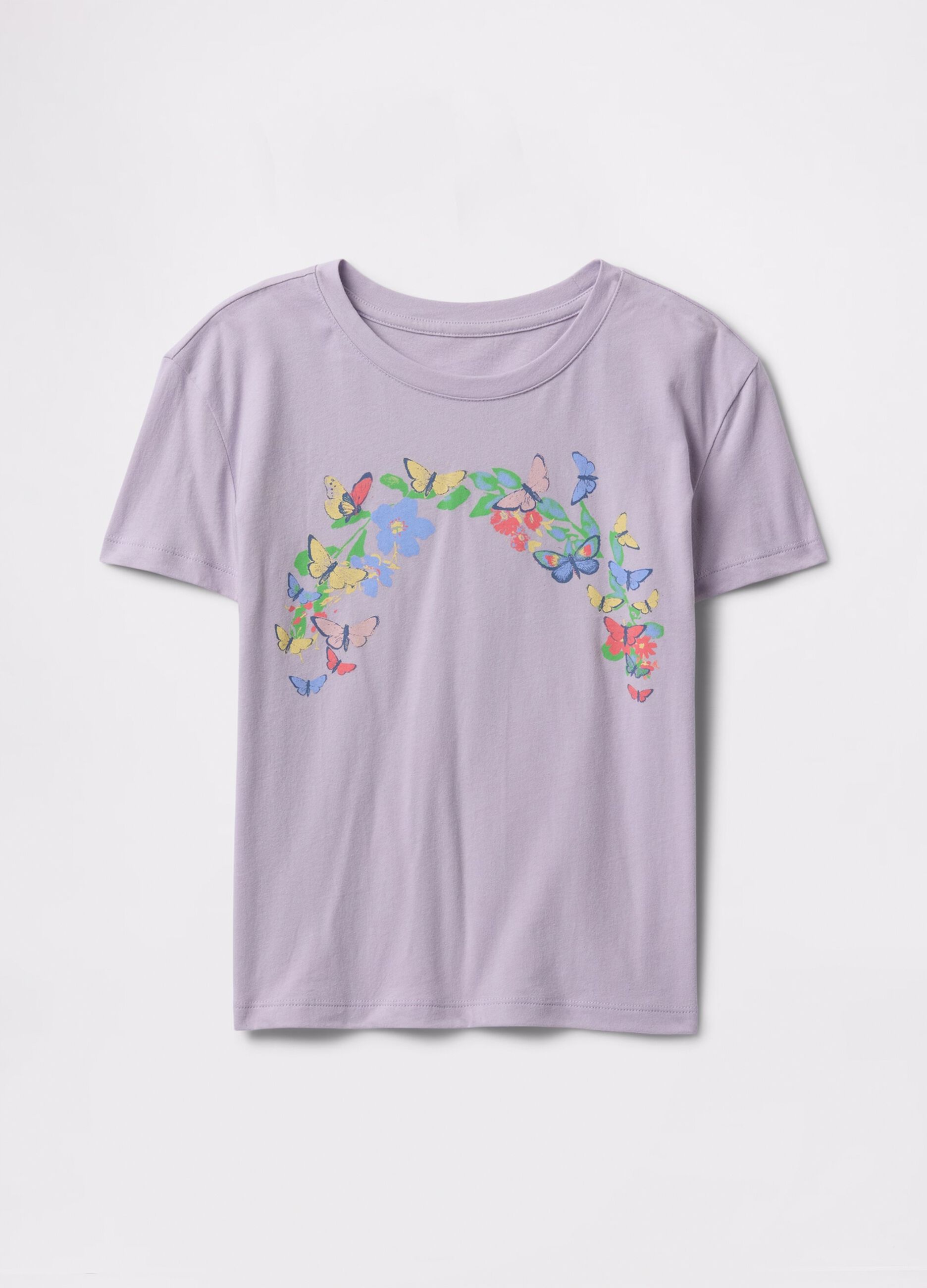 T-shirt viola in cotone con stampa farfalle e fiori_2