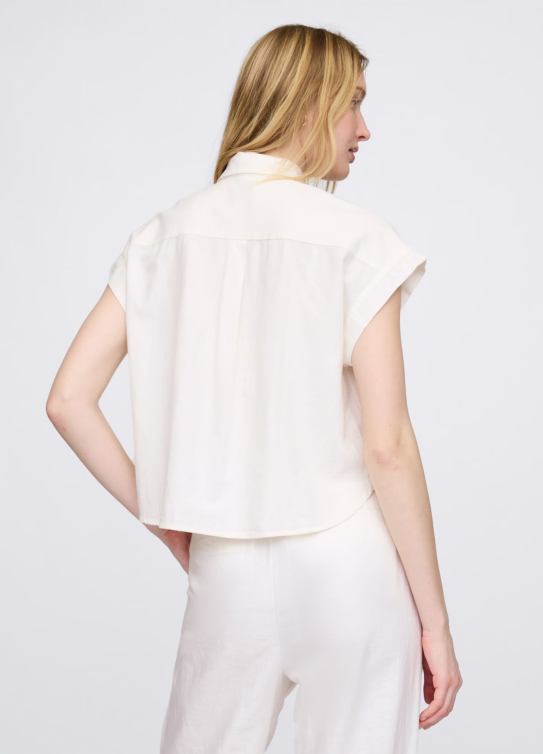 Camicia senza maniche bianca in lino e viscosa_2