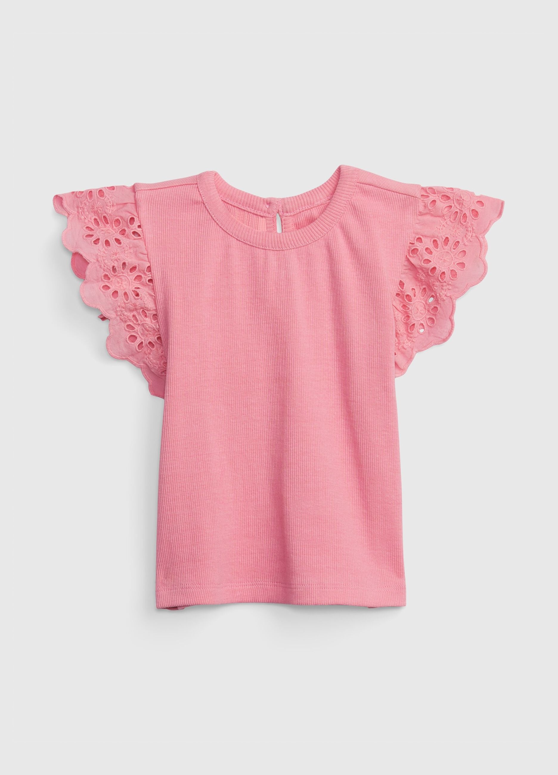 Ribbed T-shirt with broderie anglaise sleeves