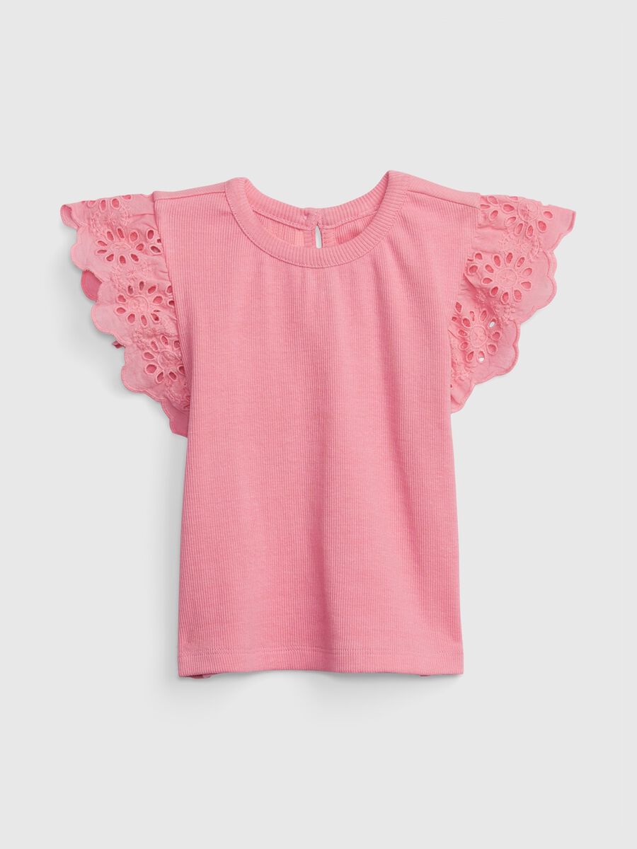 Ribbed T-shirt with broderie anglaise sleeves Newborn Boy_0